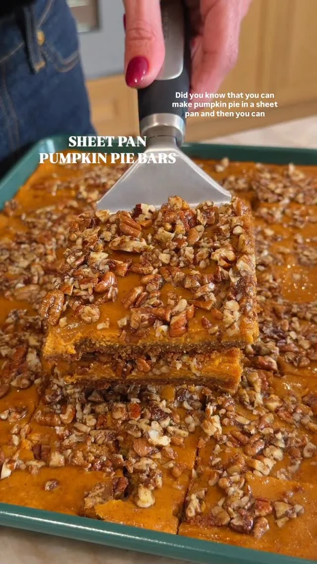@kalejunkie SHEET PAN PUMPKIN PIE BARS, with a brown butter graham cracker crust, a creamy pumpkin pie filling and topped with sweet pecans. You can cut this into bars however big or small you like,⁣ and Thanksgiving dessert is served. No fuss, no worrying about cutting perfect pie slices, no stress. Just dig in. Serve alone or with whipped cream or ice cream! ⁣
⁣
Please be sure to SAVE this post, SHARE with friends, and FOLLOW for more! 🫶🏻⁣
⁣
Makes 12 servings⁣
Crust⁣
1 1/2 cups graham crackers, processed into crumbs like sand (the 1 1/2 cups is after processing and should be packed lightly in a measuring cup)⁣
2 tb coconut sugar (optional, makes a sweeter crust) ⁣
1/2 tsp kosher salt ⁣
1/2 cup unsalted butter⁣
⁣
Pumpkin filling ⁣
1 15 oz can pumpkin puree⁣
2 eggs⁣
1 14oz can coconut condensed milk (or regular)⁣
2 tb pumpkin pie spice⁣
⁣
Pecan topping⁣
1 1/4 cups raw pecans, chopped⁣
3 tb melted butter, unsalted⁣
2 tb coconut sugar⁣
⁣
Preheat oven to 350F. In a food processor, add the graham crackers and process until the texture is like sand. Transfer to a medium bowl, along with the salt. Mix and set aside. In a small saucepan over medium-low heat, add the butter and let it melt. Continue to swirl the pan and whisk, until the butter turns golden and nutty and smells amazing. This should take 3 minutes, but watch carefully bc it can go from brown to burned real quick! Pour the browned butter into the bowl with the graham crackers and mix well. It should look like wet sand. Get out a quarter size sheet pan. Dump the bowl into the pan and press down firmly. Bake for 10 minutes, and while that is in the oven, make the pumpkin pie filling! In a large bowl, whisk together all of the pumpkin pie filling ingredients. Pour over the crust. Bake for 35-37 minutes. It will be puffy when it comes out of the oven, but it will settle down. Finally, make the pecan topping. Mix pecans and maple syrup, then spread on top of the pumpkin layer. Let cool COMPLETELY before slicing into squares (you can pop in fridge to firm it up for slicing). Slice and enjoy! #pumpkinpie #pumpkinpiebars #easythanksgivingrecipes