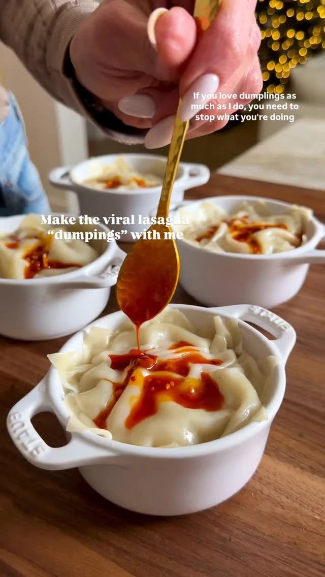 @kalejunkie 🥟 the VIRAL DUMPLING “LASAGNA” has got to be one of the best food trends I’ve seen in a while. Why? Bc making dumplings one at a time is time consuming and this is a fun way to make layers and enjoy in ramekins or mugs! You can also add more water than I suggest below and it becomes a soup dumpling!⁣ Please tag the original  creator below so I can give credit! 🥰⁣
⁣
Comment LINK for my ramekin set—they are so cute and come with covers and make a great holiday gift 🎁!
⁣
Makes 4 servings (2 each)⁣
1 Ib ground pork⁣
1 cup napa cabbage, chopped⁣
3 green onions, finely sliced⁣
1 tb fresh ginger, minced⁣
2 cloves garlic, mashed⁣
6 mushrooms, finely chopped⁣
1/2 tsp baking soda (optional but recommend for fluffier texture!)⁣
2 tb sesame oil⁣
2 tb mirin (or shaoxing wine)⁣
2 tb oyster sauce⁣
1/4 cup low sodium soy sauce ⁣
1 package wonton wrappers⁣
Chili oil & green onions for garnish⁣
⁣
In a large bowl, mix the pork with the seasonings and other fillings above. In a mug or ramekin, alternate layers of pork mixture and wonton wrappers until the mug/ramekin is almost full. ⁣
Before adding the final layer of wonton wrapper, add 1/3 cup of water. I then like to add two wonton wrappers on top. Steam for 20 minutes.⁣
Add chili oil and green onions and enjoy!⁣
#dumplings #viralfood #foodtrends #dumplinglasagna #soupdumplings #lasagnasoup⁣