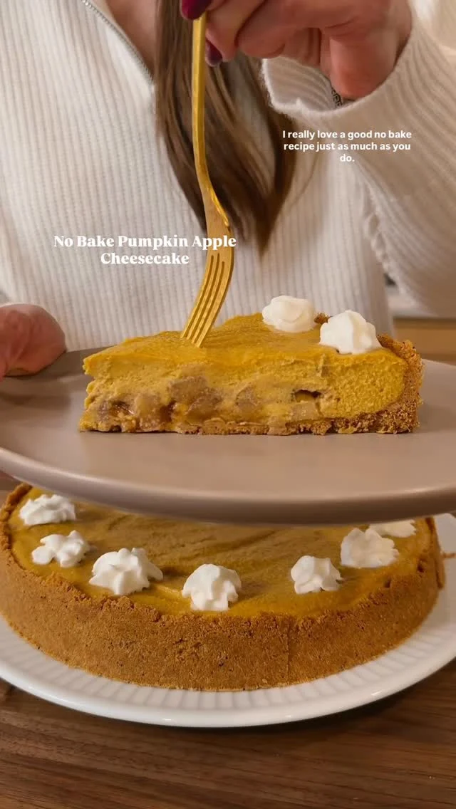 @kalejunkie NO BAKE PUMPKIN APPLE CHEESECAKE, with a vegan cheesecake filling! This dessert is 10/10 spectacular—like truly 🙆🏻‍♀️. The cheesecake is perfectly creamy and made with a cashew base and then filled with warm apples. The brown butter graham cracker crust is made from just two ingredients, and this can be made a few days in advance, no oven needed! ⁣
⁣
Save this post, share with friends and follow for more!⁣
⁣
Makes 12 servings⁣
Pumpkin filling ⁣
2 1/4 cups raw cashews, soaked in hot water for at least 2 hours, or overnight⁣
1 1/4 cups pumpkin puree⁣
2/3 cup maple syrup ⁣
1/3 cup coconut oil⁣
1/2 cup coconut milk, full fat⁣
1 lemon, juiced (~3 tb)⁣
1 tb vanilla extract⁣
1 1/2 tb pumpkin pie spice⁣
1/2 tsp kosher salt⁣
⁣
Apple filling ⁣
3 honey crisp apples, diced⁣
3 tb water⁣
2 maple syrup ⁣
1/2 tsp cinnamon⁣
⁣
Graham crust⁣
1 1/2 cups graham crackers, measured after processing into crumbs ⁣
1/2 stick butter, unsalted⁣
⁣
First, brown the butter. Place the butter into a small saucepan over medium-low heat and let it melt, swirling the pan as it cooks. Continue cooking until the butter turns golden, smells nutty, and becomes fragrant. This should take about 3 minutes, but watch carefully so it doesn’t burn.⁣
Next, add the graham crackers to a food⁣
processor and process until the texture is like sand. Transfer to a bowl and stir in the brown butter and mix until thoroughly coated like wet sand. Press the crust firmly into the bottom of a 9”springform pan—no parchment needed. Rinse food processor. Drain the soaked cashews and add to the processor along with the rest of the cheesecake ingredients. Process until completely smooth. This will take about 5 min so just let it run. Meanwhile make the sautéed apples. Add chopped apples to a small pan over medium heat, along with the water, maple syrup and cinnamon. Let cook about 5 minutes until softened. Pour half the pumpkin mixture in the pan and then add all of the apples and then the rest of the pumpkin mixture, using a spatula to ensure an even layer. Freeze for at least 4 hours or until firm. You can freeze this overnight or for up to 1 week. Thaw on the countertop at room temp for about 30 minutes.⁣