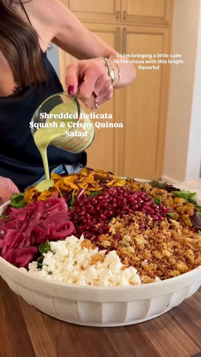 SHREDDED DELICATA SQUASH & CRISPY QUINOA SALAD, made with the Fresh Express Spring Mix Blend! Fresh Express is here to make your life so much easier during this busy holiday season! #ad Just take any of their delicious salad blends and lettuce bases and put your own creative spin on them to make something you are excited to eat. In this case, I took their Spring Mix Blend and added crispy shredded delicata squash and crispy quinoa, along with bright and vibrant toppings like pomegranate, golden raisins, and pickled onions and paired it all with a delicious lemon herb dressing. Be sure to pick up Fresh Express blends this holiday season and MAKE THIS SALAD! 🫶🏻 #ExpressYourself #FreshExpress @yourfreshexpresssalad⁣
⁣
The full recipe is below and on FreshExpress.com.⁣
⁣
Makes 10 servings⁣
Salad:⁣
2 bags Fresh Express Spring Mix Blend⁣
1 delicata squash, halved, seeds removed and shredded (1 1/2 cups)⁣
1 cup cooked quinoa⁣
1 cup pomegranate arils⁣
3/4 cup feta cheese, crumbled⁣
1/2 cup pickled onions⁣
1/2 cup golden raisins⁣
3 tb olive oil, divided⁣
Salt & pepper⁣
⁣
Dressing:⁣
1/3 cup olive oil⁣
3 tb maple syrup⁣
3 tb red wine vinegar⁣
2 tsp dijon mustard⁣
1/2 cup Greek yogurt⁣
2 tb lemon juice⁣
2 cloves garlic⁣
1 tsp kosher salt⁣
1/2 tsp black pepper⁣
1/4 cup parsley⁣
⁣
Preheat oven to 375F. Shred delicata squash using a mandolin. Add to a baking sheet in a single layer. Toss with olive oil, s&p, and bake for 15 minutes until the edges are golden and crispy. Next, toss cooked quinoa with olive oil, s&p, and spread in a single layer on a baking sheet. Bake for 25 minutes, tossing halfway through, then remove from oven. Make the dressing by adding all the dressing ingredients to a blender and blending until smooth. Finally, build the salad. In a large bowl, add the Fresh Express Spring Mix Blend, followed by all of the salad toppings—squash, quinoa, feta, pomegranate, raisins, and pickled onions. Toss with dressing and enjoy immediately.