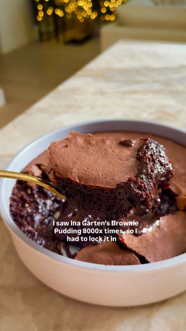 @kalejunkie I haven’t been able to get the queen @inagarten’s BROWNIE PUDDING out of my head because every time I scroll late at night in bed, there it is, staring me in the face 😂! You must make it! I’d say it’s a cross between an underbaked brownie and a molten chocolate cake, baked until the edges are just set and the center stays gooey. It’s deeply chocolatey, spoon-able, and feels a little fancy without being fussy (my favorite kind of dessert). Serve it warm, straight from the oven, maybe with a scoop of vanilla ice cream or a dollop of whipped cream — and trust me, no one will complain that it’s not meant to be sliced. 🍫💫

Comment LINK if you want links to the items I’m using in this video—otherwise the recipe is below! 

1/2 pound (2 sticks) unsalted butter, plus extra for buttering the dish
4 extra-large eggs, at room temperature
2 cups sugar
3/4 cup good cocoa powder
1/2 cup all-purpose flour
1 tsp vanilla bean paste
Vanilla ice cream, for serving

Preheat the oven to 325°F. Butter a 9x12 baking dish (I used 8x8). Melt the butter and let it cool. Beat the eggs and sugar in a stand mixer for 5-10 minutes until very thick and pale yellow, then mix in the vanilla bean paste. Sift the cocoa powder and flour and add it to the mixing bowl and mix until just combined. With the mixer on low, slowly pour in the cooled butter and mix until incorporated. Pour the batter into the prepared dish, place it in a larger pan, and add very hot tap water to come halfway up the sides of the dish. Bake for exactly 1 hour, until the edges are just set but the center remains very soft and pudding-like, then allow to cool slightly and serve with vanilla ice cream. #inagarten #browniepudding #viralrecipes