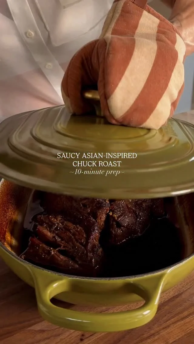 @kalejunkie NEW! 😍 SAUCY ASIAN-INSPIRED CHUCK ROAST—because cozy season isn’t over yet!!!! My miso ginger & orange chuck roast was a huge success, and this one is different—it’s got a an Asian-inspired sweet & slightly spicy sauce that pairs perfectly with rice to soak up all that goodness!It takes only 10 minutes to prep this and then your oven does the rest. The result is lots of delicious, juicy meat to enjoy for the week.⁣
⁣
Make sure to FOLLOW @kalejunkie to see all the ways I enjoy this meat during the week!⁣
⁣
Makes 12 servings⁣
3 1/2-4 lbs chuck roast⁣
1 cup low sodium soy sauce⁣
1/4 cup honey⁣
1/2 cup hoisin sauce⁣
1/3 cup rice vinegar⁣
1 cup beef broth ⁣
3 tb coconut sugar (or brown sugar)⁣
5 cloves garlic, mashed⁣
2 tb sesame oil⁣
2 tsp red chili pepper flakes (less if desired)⁣
1 tsp kosher salt⁣
⁣
Garnishes: ⁣
sesame seed⁣
green onions, thinly sliced⁣
chili crisp⁣
⁣
Serve with:⁣
Cooked rice⁣
⁣
Preheat oven to 325F, then make the marinade. In a medium bowl, whisk together all of the ingredients. Pat dry the chuck roast and place it in a dutch oven. Pour the marinade on top and flip the meat a few times to coat it well. Cover and place in the oven for 3 1/2-4 hours. Pull it out at the 3 1/2 hour mark and use two forks to pull the meat apart. If it’s not easily shredding, pop it back in the oven for 30 minutes more. The exact timing does depend on the size of your roast, oven, etc! Once ready, remove from the oven, shred all the meat and toss with the juices. If you want to brown the meat for crispy bits, place the pot back in the oven under the broiler on high for 3-4 minutes. Serve over rice and garnish with sliced green onions, sesame seeds, and chili crisp (if desired). #chuckroast ⁣#viralrecipes