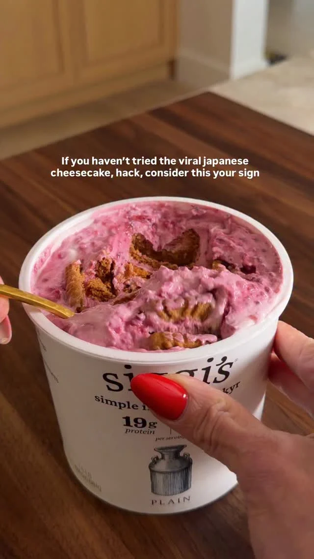 FOLLOW @kalejunkie for more and make the VIRAL 2-INGREDIENT JAPANESE CHEESECAKE HACK, but with raspberry jam for raspberry cheesecake—which now makes this 3 ingredients but who’s counting? I have to say—I am blown away at how delicious this is. You guys know I try all the viral food trends, and tbh my expectations were low for this one—until I tried it for myself and WOW. SOLD! AMAZING! 

👉🏼 I used my homemade raspberry chia jam recipe from the blog but any store bought jam will do. 

INGREDIENTS
Plain yogurt of choice 
Biscoff cookies
Raspberry jam (optional)

INSTRUCTIONS 
Add raspberry jam to plain yogurt and mix well.
You can do this in the yogurt container or transfer the yogurt to a meal prep container. Insert biscoff cookies. Cover and refrigerate for at least four hours or overnight. Enjoy!