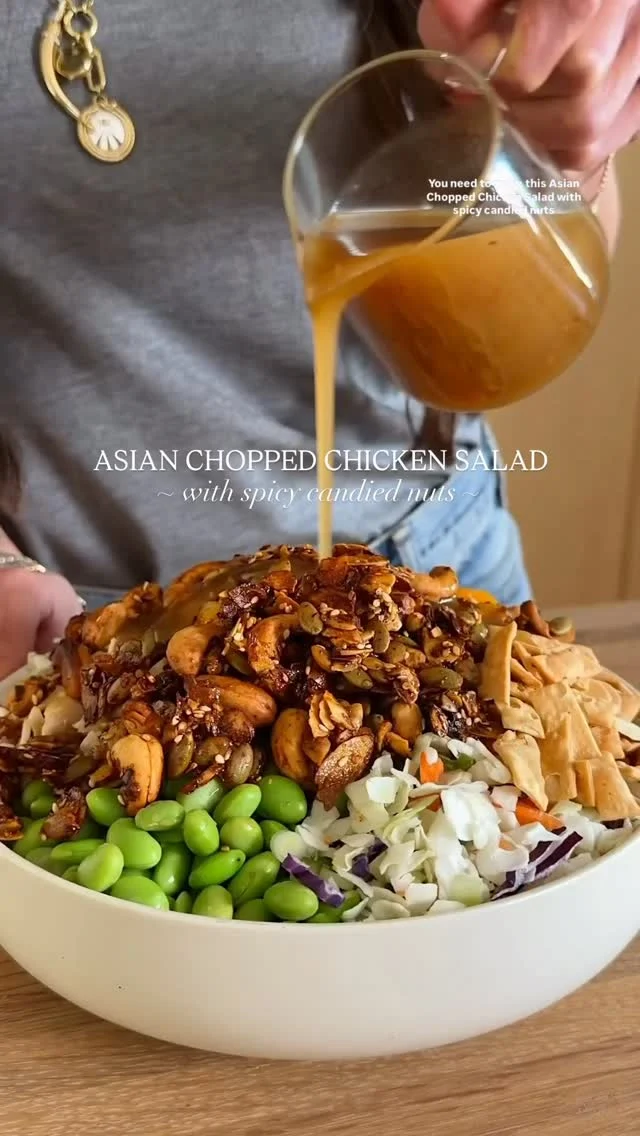 ASIAN CHOPPED CHICKEN SALAD WITH SPICY CANDIED NUTS, made with the Fresh Express Asian Chopped Kit! I love how convenient the Fresh Express salad blends and kits are. They’re perfect to use as the base for my salad creations. They cut down on all the chopping and give me more time to make extra fun toppings—like these spicy candied nuts that take this salad to the next level (they are addictive in the best possible way, you have been warned). I also added mandarins, edamame, and rotisserie chicken to bulk it up and make it a big salad, even a meal on its own. The best part about this particular chopped kit is that the base is cabbage, so the salad gets better and better as the days go by, making it perfect for meal prep too! How will you make a fresh start in 2026? Join the challenge at FreshExpressFreshStartChallenge.com #TheFreshStartChallenge #FreshExpress #ExpressYourself @yourfreshexpresssalad⁣

The full recipe is below and on FreshExpress.com. ⁣
⁣
Makes 4 servings⁣
1 bag Fresh Express Asian Chopped Kit⁣
3/4 cup shelled edamame⁣
3/4 cup mandarins (from can, drained)⁣
1 bunch green onions, sliced⁣
1 cup shredded rotisserie chicken⁣
 ⁣
Spicy Candied Nuts (makes 8 servings)⁣
3/4 cup sliced almonds⁣
3/4 cup raw cashews⁣
1/4 cup pumpkin seeds⁣
2 tb sesame seeds⁣
3 tb maple syrup⁣
2 tb coconut oil, melted⁣
1 tb coconut sugar⁣
2 tsp smoked paprika⁣
1 tsp red pepper flakes⁣
1/2 tsp salt⁣
1/2 tsp ground black pepper⁣
 ⁣
Preheat oven to 375F. In a small bowl, mix together the nuts and seeds, along with maple syrup, melted coconut oil, coconut sugar and spices. Spread in an even layer on a parchment-lined baking sheet. Bake for 7 minutes, then toss and bake for 4 minutes more. Remove from oven and transfer nuts to another parchment-lined baking sheet to cool and harden. Next, in a large bowl, add the Fresh Express Asian Chopped Kit, along with edamame, mandarins, green onions and chicken. Top with the candied nuts. Pour dressing on top, toss and enjoy. ⁣
