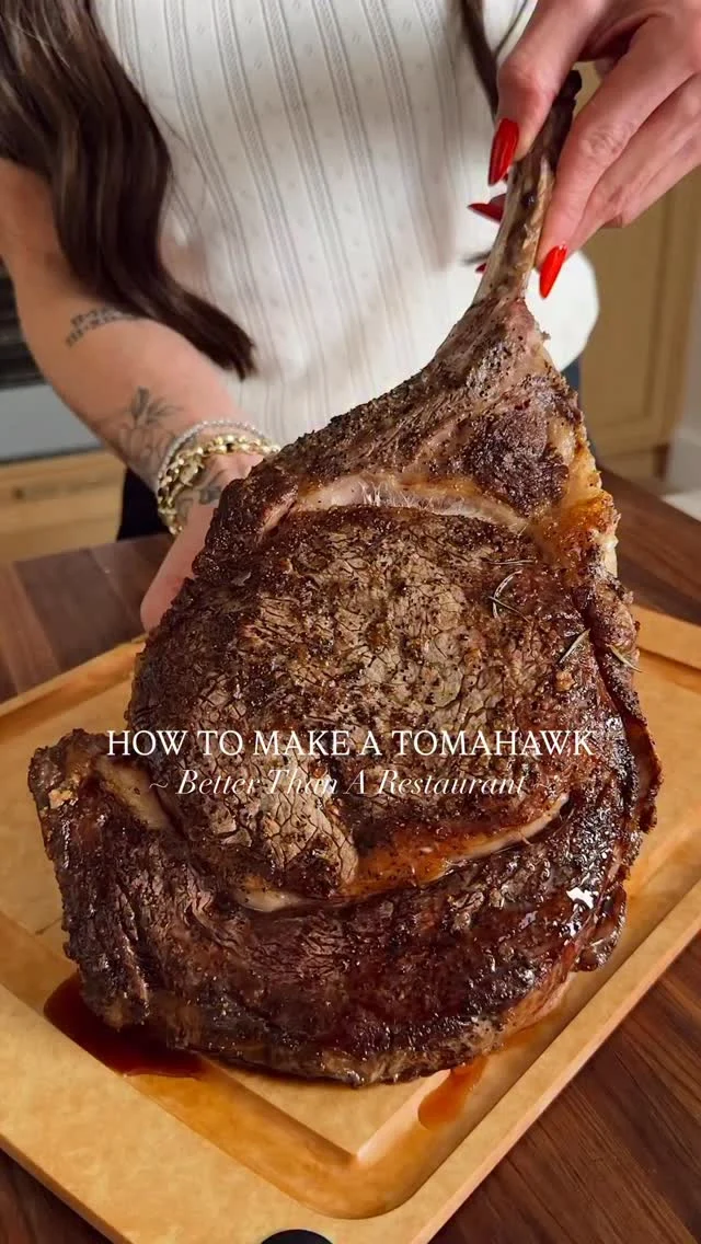 @kalejunkie 👈🏼 HOW TO MAKE A PERFECT TOMAHAWK STEAK AT HOME IN MINUTES🥩 Valentine’s Day is around the corner and it’s the perfect time to pull out all the stops and make THIS. It’s the perfect special occasion cut that literally melts in your mouth (especially when prepared my way!! Life changing!). Tomahawks tend to go on special around this time, so if you see it, treat yourself! You’ll have meat for days, a bone for your dog and let me tell you, it is an EXPERIENCE. This method is easy and requires no cooking experience! Just follow the instructions and impress someone you love 😏!⁣
⁣
SAVE this post, SHARE it, and FOLLOW me @kalejunkie for more easy recipes and tutorials 🫶🏻🫶🏻⁣
⁣
1 tomahawk steak⁣
Salt & pepper⁣
Rosemary sprigs ⁣
Fresh garlic, crushed⁣
⁣
Preheat oven to 450F. Bring the tomahawk to room temperature. This is critical! Then pat and dry it with a paper towel—also critical. Salt and pepper generously all over. Wrap a piece of foil on the bone. Heat a large cast-iron skillet over high heat. Do not add any oil. Once the pan is extremely hot (very important!), add the steak. Do not touch it for 2-3 minutes. Then rotate and do the same thing on all sides. Remove the skillet from the heat. Pull the foil off the bone. Add rosemary sprigs and crushed garlic on top and transfer the skillet to the oven for 5-10 minutes depending on how you like your meat cooked. I keep mine in for 6 minutes because I like a rare steak! Take your meat out of the oven and transfer to a cutting board/surface and let rest for 10 minutes before slicing and devouring—critical. Enjoy!!! ⁣
⁣
Cooking tutorial | pan seared steak | diy | protein | easy recipes | ribeye