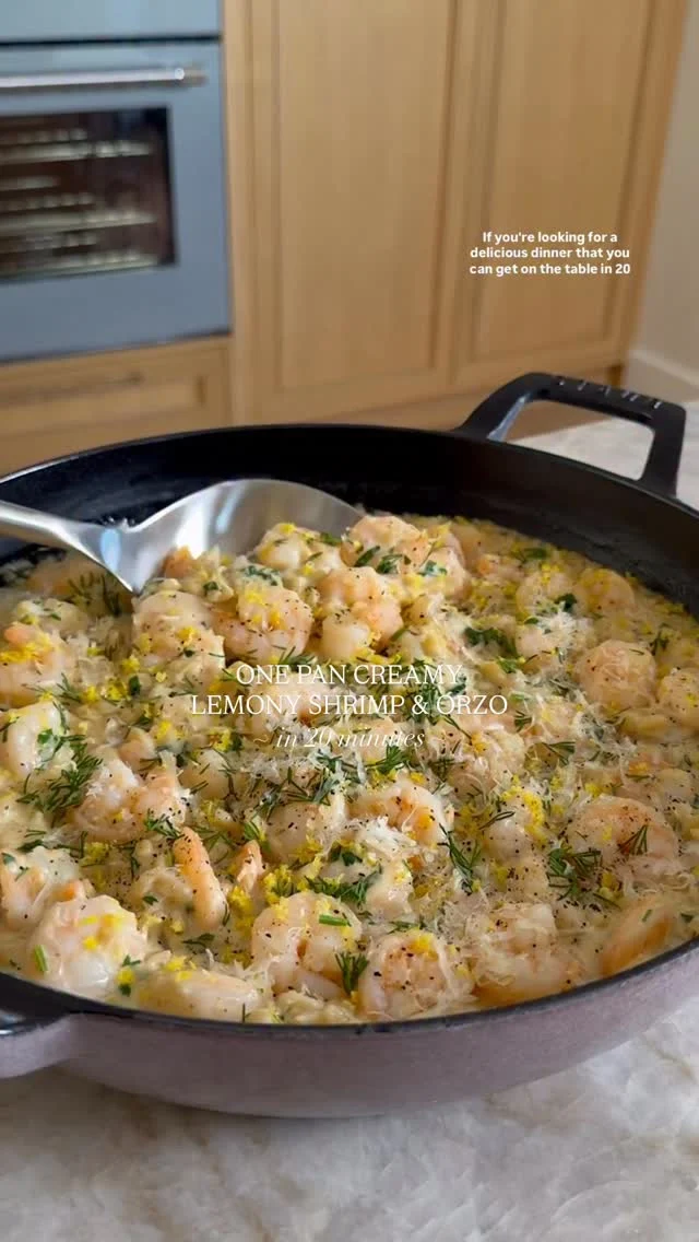 @kalejunkie 🍋 ONE PAN CREAMY LEMONY SHRIMP AND ORZO, a new one since I drop salmon recipes often and I’ve had requests for other seafood meals—here you go, KJ fam!. I love a good one pan meal that has all the comfort vibes and if you do too, this is the one you need to make. The shrimp cooks in lemon and butter and then it gets added to the same pan with the lemony orzo and you have dinner on the table in ~20 minutes from start to finish. This one is a WINNER like omgeeee so good and I cannot wait for you to make it! ⁣
⁣
Be sure to FOLLOW me @kalejunkie for more dinners like this, SAVE this post and SHARE it with your friends :)⁣
⁣
Makes 6 servings⁣
SHRIMP:⁣
2 tb butter⁣
1 1/2 lbs medium shrimp peeled and deveined, patted dry with a paper towel⁣
2 tb lemon zest⁣
2 tb lemon juice⁣
⁣
ORZO:⁣
1 tb olive oil⁣
2 large shallots, very finely diced⁣
4 cloves garlic, mashed⁣
2 3/4 cups chicken broth⁣
1/2 cup white wine of choice⁣
1 cup orzo⁣
1 tsp kosher salt⁣
1 tsp ground black pepper⁣
1/2 cup freshly grated parmigiano reggiano cheese⁣
1/2 cup heavy cream (or full fat coconut milk from the can)⁣
2 tb lemon juice⁣
1/4 cup parsley, finely chopped⁣
3 tb fresh fill, finely chopped⁣
⁣
Melt 2 tb of butter in a large pan over medium heat. Once the pan is hot, add the shrimp, lemon zest and lemon juice and stir until the shrimp is cooked through, about 4 minutes or so. Once cooked, remove the shrimp from the pan. Add the olive oil, shallots and garlic, stirring for 1-2 minutes and scraping down any of the bits stuck to the bottom of the pan. Next, add in the broth, wine, orzo, salt and pepper, stirring again. Bring to a gentle boil, then reduce heat to medium-low, stirring occasionally, until the orzo is cooked though, about 7-8 minutes. Finally, stir in the cheese, heavy cream, lemon juice, parsley and dill mixing again. Add the cooked shrimp back to the pan and coat the shrimp with the orzo. Serve and enjoy with additional herbs and/or extra lemon zest and parmesan cheese. ENJOY! ⁣
⁣