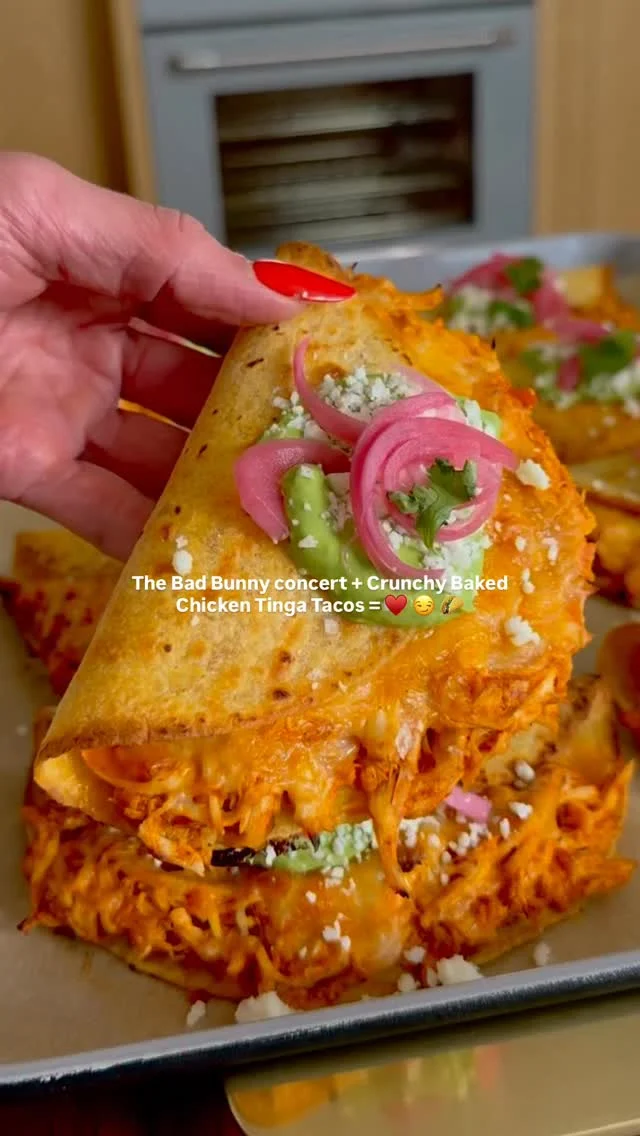 @kalejunkie BAKED CHICKEN TINGA TACOS WITH TANGY AVOCADO CREMA another easy and delicious winner winner 12/10 dinner that I can’t wait for you to make! I love easy recipes like this that feel a little fancier with the addition of the tangy cilantro avocado crema and pickled onions on top. I’m also using rotisserie chicken as a time saving hack so that this meal gets on your table QUICK, which I know is so important to all of us. Hope you love this recipe as much as I do, so come back and LMK what you think!⁣
⁣
Be sure to SAVE this post, SHARE it with friends and FOLLOW me @kalejunkie so you get more delicious recipes like this gracing your feed :)⁣
⁣
Makes 6 servings⁣
TACOS⁣
2 tsp avocado oil⁣
1/2 yellow onion, diced⁣
3 cloves garlic, minced⁣
1 15 oz can fire roasted diced tomatoes⁣
1 chipotle pepper (from the can), chopped⁣
2 tb chipotle sauce (from the can)⁣
1/4 cup chicken broth⁣
1 tsp cumin⁣
1 tsp oregano⁣
1/2 tsp kosher salt⁣
1/2 tsp ground black pepper⁣
3 cups shredded rotisserie chicken⁣
12 soft corn tortillas⁣
2 cups shredded Mexican cheese⁣
1/3 cup cotija cheese, crumbled (for topping) ⁣
Pickled onions (optional)⁣
⁣
CILANTRO AVOCADO CREMA⁣
2 avocados⁣
3/4 cup greek yogurt⁣
1/2 cup cilantro, roughly chopped with stems⁣
1/2 jalapeno, deseeded⁣
1 clove garlic⁣
1 lime, juiced⁣
1/2 tsp kosher salt⁣

CONTINUED IN COMMENTS