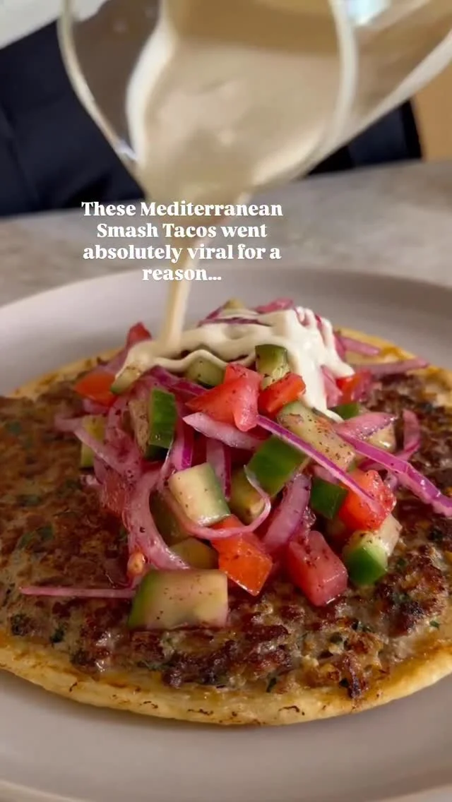 NOW YOU CAN MAKE THEM TOO! FOLLOW @kalejunkie TO SEE MORE!
MIDDLE EASTERN SMASH TACOS with tahini sauce and a yummy tangy sumac salad
I’m
just changing things up around here from a regular taco-this has all the vibes of arayes but as a thin taco instead, topped with a tangy salad and tahini sauce. SO SO SO FLAVORFUL and ofc like all my recipes, it’s easy to make!
SHARE this post with friends, SAVE, and FOLLOW me @kalejunkie for more easy dinner ideas!
Tacos
Sumac salad
2 persian cucumbers, chopped
1/3 cup red onion, thinly sliced
2 roma tomatoes, diced
2 tb red wine vinegar
1 tb sumac
1/2 tsp kosher salt
Tahini sauce
1/2 cup tahini
2 tb honey
1 clove garlic
1 lemon, juiced
1/2 tsp kosher salt
1/4 cup water