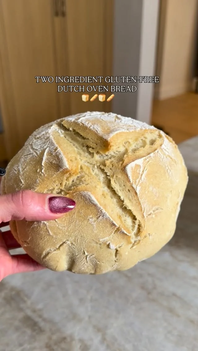 Hi!!! FOLLOW @kalejunkie for more fun, easy recipes like this 2 ingredient gluten free bread! It is incredibly delicious and your whole house will smell amazing. 
1 packet yeast
1 1/2 cups warm water
2 tsp kosher salt
3 cups gluten free flour

In a large bowl mix together the yeast and warm water, then add in the flour and salt. The dough should be sticky. If it is dry, add a few tb more water. Cover the bowl and let’s sit in a warm place for two hours to rise. Preheat oven to 450F. Place a Dutch oven inside the oven while it is preheating. Place a piece of parchment paper on the counter along with some flour and the dough. Form a ball and score the top in an X shape. Carefully take the Dutch oven out of the oven and place the dough inside and cover. Bake for 35 minutes. Remove the cover and bake for 6-8 minutes more. Remove from the oven and carefully lift the loaf out to cool. Slice and enjoy!