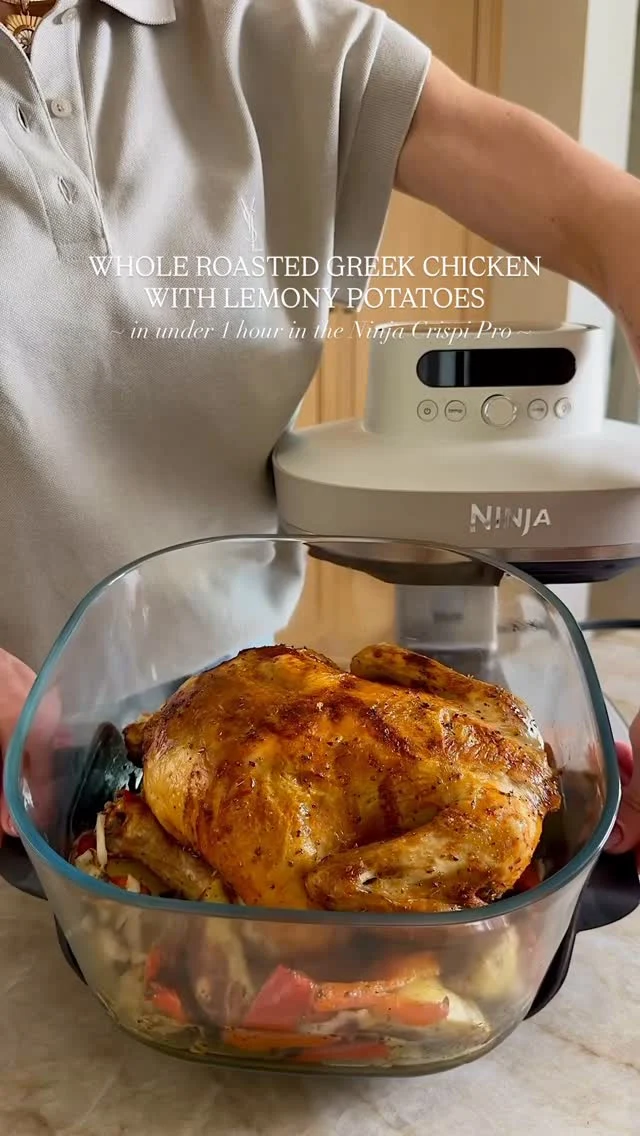 👉🏼 @kalejunkie WHOLE ROASTED GREEK CHICKEN WITH LEMONY POTATOES made in under 1 hour in my new @ninjakitchen Ninja Crispi Pro, the best glass air fryer around! The 6qt container is perfect for family meals and the best part is that with the Ninja Crispi, you can prep, cook, store, and reheat all in the same containers, making cleanup and storage a breeze. I am OBSESSED. Here’s how👇🏼 #NinjaCrispi #NinjaPartner⁣
⁣
Makes 4 servings⁣
Veggies⁣
1 1/2 lbs yellow potatoes, peeled and sliced into wedges (~4 potatoes)⁣
1 red bell pepper, sliced into chunks⁣
1 white onion, sliced thin⁣
2 tb olive oil⁣
2 tsp dijon mustard⁣
1 tsp kosher salt⁣
2 tsp oregano⁣
1 tsp ground black pepper⁣
1/2 lemon, juiced⁣
⁣
Chicken⁣
1 3.5-4 lb whole chicken⁣
1/4 cup olive oil⁣
1 1/2 tb oregano⁣
1 1/2 tsp kosher salt⁣
1 tsp ground black pepper⁣
1/2 lemon, juiced⁣
⁣
În your large Ninja 6qt glass container, add the potatoes, bell pepper, and onion. Add the olive oil, dijon mustard, salt, pepper, oregano and lemon juice. Toss with a pair of tongs and coat well. Next, pat the chicken dry. In a small bowl, mix together olive oil, oregano, salt, pepper, and lemon juice. Place the chicken on top of the veggies and pour 1/2 the marinade on top, using your hands to massage it onto the skin. Flip the chicken, add remaining marinade and rub it in well. Flip back over and sprinkle with additional salt and pepper. Cover the Ninja. Set to 390F for 55 minutes. At the half way point, remove the lid and flip the chicken. Return lid and let cook for the remaining time. Remove lid and ensure the chicken has achieved an internal temp of 165F. Remove chicken and let it rest. Take a look at the veggies and toss them. If they are roasted and crunchy, they are done. If not, return lid and air fry for 5 minutes more. ENJOY!
