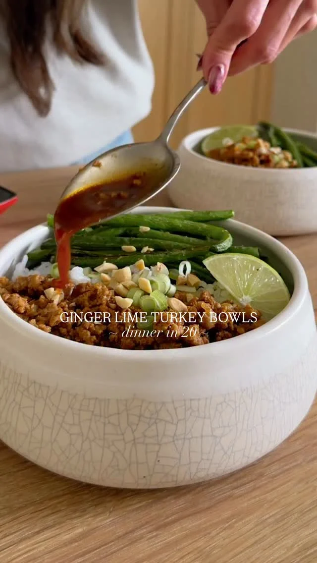 @kalejunkie 🍋‍🟩✨EASY GINGER LIME TURKEY BOWLS with roasted green beans and let me tell you this is the easiest and most delicious healthy dinner you will enjoy all week!! I am super excited to share this one because of its SIMPLICITY and yet how flavorful it is. This is a dinner that is healthy, packed with protein and fiber and makes excellent leftovers (if you have any!). The green beans roast in the oven while the rest of the meal comes together on the stove, and it’s timed perfectly to get you dinner on the table in T-25 minutes. YOU CAN DO IT!

Be sure to FOLLOW me @kalejunkie for more easy recipes like this, and SHARE this post with friends who’d enjoy it too!

Makes 4 servings 
2 cups jasmine rice, cooked
3 cups green beans, ends trimmed
1 tb olive oil

1 tb sesame oil (or avocado oil)
1 bunch scallions, sliced (whites and greens)
6 cloves garlic, minced
2 tb grated ginger/ginger paste
1 lb ground turkey
3 tb maple syrup
1/3 cup low sodium soy sauce 
3 tb sriracha
2 limes, juiced
1 tsp kosher salt
1 tsp ground black pepper

Garnishes: 
Chopped roasted peanuts
Chili crisp to drizzle on top
Additional green onions, chopped

Prepare rice according to package instructions and set aside. Preheat oven to 400F. Trim ends off green beans and transfer to one large baking sheet. Drizzle olive oil on top, toss and add a pinch of salt and pepper. Bake for 12-15 minutes, mixing at the halfway point, then broil for 1-2 minutes at the end if desired. Remove from the oven and let cool. While the green beans are in the oven, you will work on everything else. Heat a large skillet over medium heat. Add the sesame oil as well as the green onions, garlic and ginger, sautéing for 2-3 minutes until fragrant. Add in the ground turkey, breaking it down into tiny pieces. Once the turkey is cooked through, add in the maple syrup, soy sauce, sriracha, and lime juice. Continue to cook for 2-3 minutes more. Remove from heat and assemble bowls, with the rice on the bottom, roasted green beans on one side and the turkey on the other side. Drizzle sauce from the pan on top. Garnish with the chopped peanuts, additional green onion, chili crisp and enjoy!