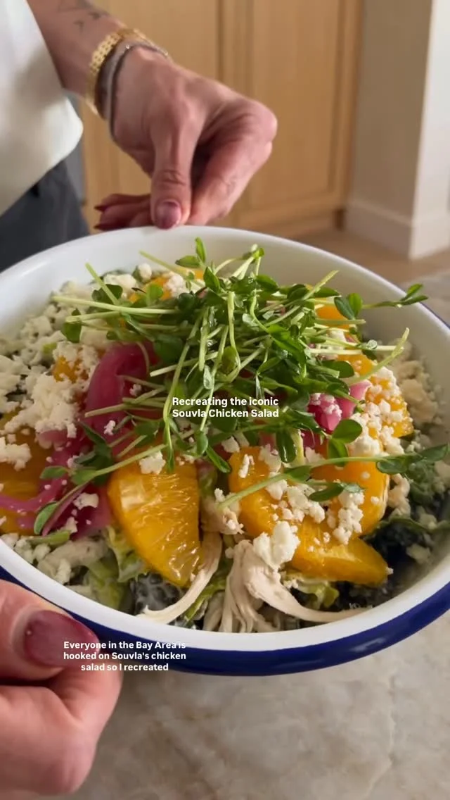 @kalejunkie ✨ COPYCAT SOUVLA CHICKEN SALAD, by community request, my version has arrived. Souvla is a very popular fast-fresh food Greek restaurant in the Bay Area that I am obsessed with—I order from there several times a week and therefore I am very equipped to share my rendition that is pretty darn similar. Their “granch” dressing is a bit different bc it’s made with buttermilk powder for that true ranch flavor, but if you have ranch powder, you can easily replicate like I did! ⁣
⁣
SAVE this post, SHARE with friends, and be sure to FOLLOW me @kalejunkie for more recipes like this!⁣
⁣
Makes 2 salads⁣
1 small bunch lacinato (dino) kale, stems removed, finely chopped⁣
1 small head romaine lettuce, finely chopped⁣
2 cups rotisserie chicken, shredded⁣
1 bulb fennel, sliced thin using a mandolin preferably⁣
1 naval orange, cut into segments⁣
1/2 cup pickled onions⁣
3/4 cup feta cheese, crumbled (they use mizithra cheese, which is harder to find)⁣
1/2 cup pea shoots (optional)⁣
⁣
“Granch” dressing⁣—my version
1 cup plain greek yogurt (full fat)⁣
1/2 cup water, to thin⁣
2 tsp olive oil⁣
1 lemon, juiced⁣
2 cloves garlic, mashed⁣
2 tb ranch seasoning ⁣
1 tb fresh dill⁣
1/2 tsp kosher salt⁣
⁣
First, make the dressing. Add all of the ingredients to a bowl and whisk together well. Taste and adjust seasoning as needed and set aside. Next, chop the kale and romaine Remove stems from the kale and chop finely. Add the kale and romaine to a large bowl. Shave the fennel using a mandolin. If you don’t have one, slice as thin as possible, then add it to the bowl with the kale and romaine. Now add the shredded rotisserie chicken to the bowl. Pour the dressing on top and toss to coat very well. Divide salad between two bowls, then top each one with the orange segments, pickled onions, crumbled feta, and pea shoots, if using. ENJOY!