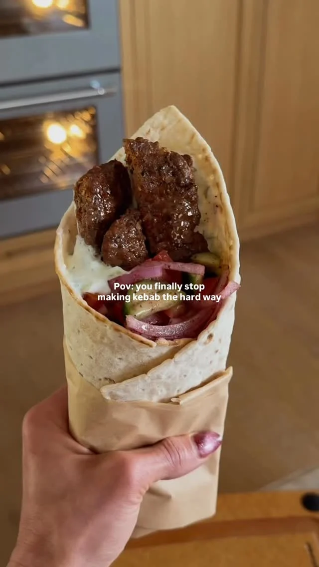 @kalejunkie ✨ JUICY SHEET PAN MIDDLE EASTERN BEEF KEBABS, seasoned just like my dad used to make when I was growing up! These kebabs are so juicy and flavorful, you will be obsessed! You can serve however you like—in lavash, pita, over rice, etc. I’m sharing my favorite way below—wrapped in warm lavash. And trust me, you MUST MAKE THESE!!! You’ll probably never make kebab another way again! 😏 ⁣
⁣
Be sure SAVE this post, SHARE with friends, and FOLLOW me @kalejunkie for more easy recipes like this!⁣
⁣
Makes 6-8 servings⁣
2 lbs ground beef (I like 85/15 for juicer kebabs, but leaner works too!)⁣
1/2 white onion⁣
1 red bell pepper⁣
4 cloves garlic⁣
1/4 cup parsley, chopped⁣
2 tb tomato paste⁣
2 tsp cumin⁣
2 tsp paprika⁣
2 tsp aleppo pepper (optional but recommend)⁣
1 tsp ground black pepper ⁣
1 1/2 tsp kosher salt⁣
⁣
Salad⁣
2 persian cucumbers, chopped⁣
1/2 red onion, sliced⁣
2 roma tomatoes, chopped⁣
2 tb sumac⁣
2 tb red wine vinegar⁣
2 tb avocado oil⁣
1 tsp kosher salt⁣
⁣
Yogurt sauce⁣
1 cup greek yogurt⁣
1 Persian cucumber, grated, liquid pressed out⁣
1/2 lemon⁣
1/2 tsp kosher salt⁣
⁣
Lavash⁣
⁣
Preheat oven to 375F. First, make the kebabs. In a small food processor, blend the onion, bell pepper and garlic. It will be liquidy. Transfer to a bowl and use a paper towel to remove as much moisture as possible. Next, add the beef to a large bowl along with the onion/bell pepper/garlic mixture, parsley, and seasonings. Mix very well until incorporated—I like to use my hands. Spread the beef mixture evenly in a flat layer on a greased quarter sheet pan. Make cuts horizontally and vertically just like kebabs you see at a restaurant! Bake for 20 minutes, then broil for an additional 4-5 minutes until golden on top. Remove from oven, POUR OUT ANY EXCESS JUICES, then cut beef along the horizontal lines you previously cut, to separate the kebabs. To make the salad, chop the veggies and toss with the vinegar, avocado oil, sumac and salt. Make the yogurt sauce and serve as desired. On a lavash, spread yogurt mixture, add the 2-3 kebabs, and the salad and fold up. Enjoy!