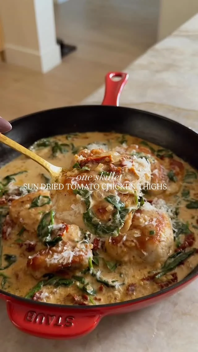 @kalejunkie ONE SKILLET SUN DRIED TOMATO CHICKEN THIGHS—thick juicy chicken smothered in a sun dried tomato cream sauce with some veggies snuck in there for good measure. This is an easy dinner that is packed with tons of flavors and makes amazing leftovers too, especially served over rice!⁣
⁣
Please SAVE this post, SHARE it with friends and don’t forget to FOLLOW me @kalejunkie so you don’t miss more recipes like this!⁣
⁣
Makes 4 servings⁣
1 1/2 lbs boneless skinless chicken thighs⁣
4 1/2 tb all purpose or gluten-free flour⁣
1/2 tsp kosher salt ⁣
1/2 tsp ground black pepper⁣
2 tb avocado oil⁣
4 cloves garlic, minced⁣
1 large shallot, diced⁣
1 cup chicken broth⁣
1/2 cup heavy cream or coconut milk⁣
1/2 cup sun dried tomatoes in oil, sliced⁣
2 1/2 cups fresh spinach⁣
1 cup parmigiano reggiano cheese, finely grated⁣
⁣
In a bowl, add 4 tb of the flour (reserve the 1/2 tb), s&p. Pat your chicken thighs dry and if they are very thick, you will want to pound them thinner to cook evenly in the pan. To do that, simply place chicken between two pieces of plastic wrap and pound with something (I use the bottom of a cup). Next, dredge chicken in the flour mixture until evenly coated. Next, add the oil to a large skillet over medium heat. You may need to work in batches. Add chicken to the skillet in a single layer. Do not touch for 6-7 minutes, then gently flip to the other side once it lifts from the skillet easily and cook for another 7-8 minutes, until cooked through (165F internal temp). Remove chicken from the skillet and transfer to a plate. Reduce heat to medium-low. Add the garlic and shallot, scraping the bits from the bottom, about 2 minutes, then add remaining flour. Add the broth, heavy cream/coconut milk and sun dried tomatoes, stirring. Bring to a gentle boil, stirring until the sauce begins to thicken. Add the spinach, stirring until wilted then add most of the cheese. Reduce heat to low, then nestle the chicken in the skillet, using a spoon to cover with sauce. Let cook for 5 more minutes. Remove from heat, sprinkle with remaining cheese and enjoy!⁣
⁣
#marrymechicken #tuscanchicken #lowcarbdinner #lowcarbmeals #healthyrecipes⁣
@parmigianoreggiano.na