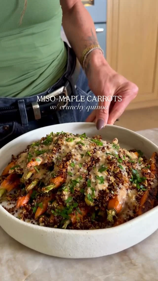 @kalejunkie 🥕 MISO MAPLE CARROTS WITH CRUNCHY QUINOA, basically the only way you should eat carrots from now on :) This is perfect to make for Easter or any time you are ready to up level some boring carrots and make them exceptional! The carrots are coated in a sticky miso-maple glaze, which then doubles are the sauce that brings the dish all together. Crispy quinoa adds a lot of crunch and fun texture and really brings this dish together. I can’t wait for you to make it!⁣
⁣
SAVE this post, SHARE with friends, and FOLLOW me @kalejunkie for more easy, delicious recipes!⁣
⁣
Makes 4 to 6 servings⁣
Miso Maple Carrots⁣
1 1/2 lbs carrots, scrubbed and halved lengthwise (or use petite carrots like I did - Trader Joe’s!)⁣
1 1/2 tb white miso⁣
2 tb maple syrup⁣
2 tb tahini⁣
1 tb soy sauce or tamari⁣
2 cloves garlic, mashed⁣
2 tsp fresh ginger, grated⁣
3 tb rice vinegar⁣
2 tb sesame oil (or avocado oil)⁣
⁣
Crunchy Quinoa⁣
1 cup cooked quinoa, cooled⁣
1 tb sesame oil⁣
2 tsp low sodium soy sauce⁣
⁣
Garnishes: chopped parsley⁣
⁣
Preheat oven to 375F. In a bowl, whisk together the miso, maple syrup, tahini, soy sauce, garlic, ginger, rice vinegar, and sesame oil. You will get a thick paste. Set aside. Drizzle 1-2 tb olive oil onto a baking sheet. Add the carrots and toss in the olive oil, spreading them out. Bake for 20 minutes, tossing halfway through. Remove from oven. Brush the carrots with some of the miso-maple sauce, reserving most of it for the end. Place the carrots back into the oven and let cook for 4-6 minutes more until the glaze sets and the carrots are sticky :). Remove from the oven. Next, increase oven temperature to 425F. Toss cooked quinoa with sesame oil and a touch of soy sauce. Add it to a baking sheet and spread it out into an even layer. Bake for 20-25 minutes, stirring the quinoa at the halfway point, so that it gets nice and crispy. Remove from oven and let cool. Transfer the carrots to a serving platter and pour crispy quinoa on top. Take the remaining miso-maple paste and add 1/4 cup water to thin. Pour on top of the crispy quinoa. Garnish with chopped parsley and enjoy!⁣