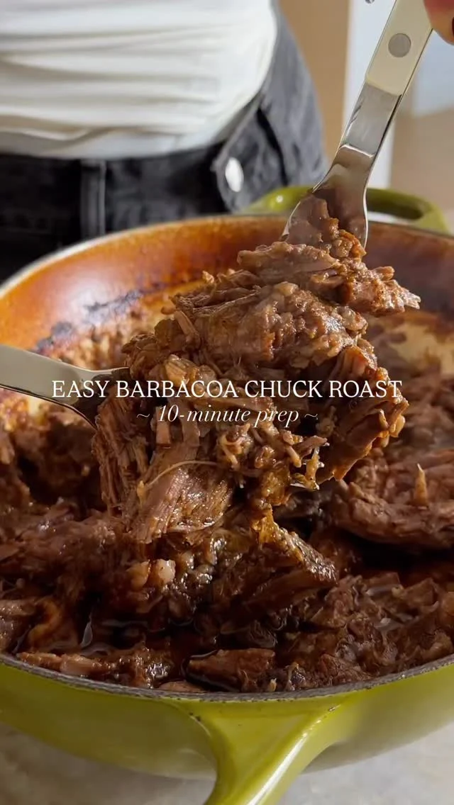 @kalejunkie ✨ EASY BARBACOA CHUCK—the perfect cozy meal you can use in so many ways all week—tacos, quesadillas, Chipotle barbacoa bowls and more! It’s bursting with flavor thanks to the magic marinade—it’s smoky, a little tangy, and so delicious 😋. It takes less than 10 minutes to prep and your oven does the rest.⁣ Go do some laundry or get work done while it cooks!
⁣
SAVE this post, SHARE with friends, and FOLLOW me @kalejunkie for ideas on how I use it!⁣
⁣
Comment LINKS for everything I’m using in this video!⁣
⁣
Makes 12 servings⁣
3 1/2-4 lbs chuck roast⁣
1/4 cup apple cider vinegar ⁣
3/4 cup beef broth⁣
1 lime, juiced ⁣
3 chipotle peppers in adobo⁣
4 cloves garlic⁣
1 onion, roughly chopped ⁣
2 tsp cumin⁣
1 tb oregano⁣
1 tsp allspice ⁣
1 tsp ground cloves⁣
1 tsp kosher salt⁣
⁣
Preheat oven to 325F, then make the marinade. In a blender, blend together all of the ingredients listed above, until smooth. Pat dry the chuck roast and season both sides generously with salt and pepper. Place it in a dutch oven. Pour the marinade on top and flip the meat a few times to coat it well. Cover and place in the oven for 3 1/2-4 hours. Pull it out at the 3 1/2 hour mark and use two forks to pull the meat apart. If it’s not easily shredding, pop it back in the oven for 30 minutes more. Once ready, remove from the oven, shred all the meat and toss with the juices. If you want to brown the meat for crispy bits, place the pot back in the oven under the broiler on high for 3-4 minutes. Remove and enjoy!! #chuckroast #chuckroastrecipe #barbacoa ⁣#chipotle #chipotlerecipe