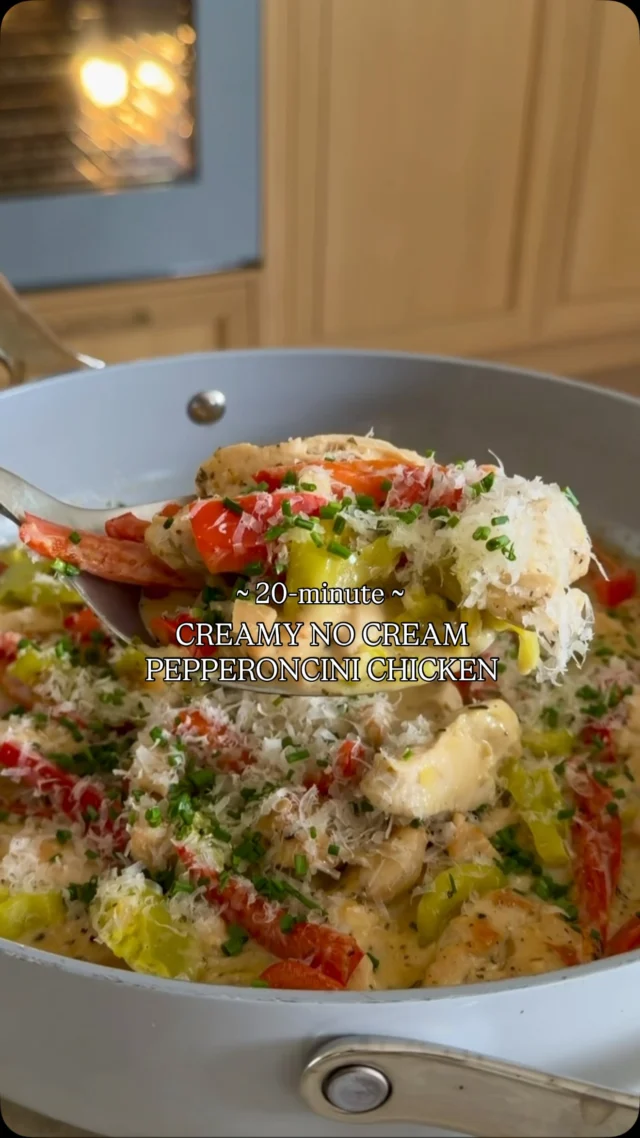 @kalejunkie 20-MINUTE CREAMY (NO CREAM) PEPPERONCINI CHICKEN! If you are in a boring rut with chicken, give this a try instead. It’s such a great weeknight dinner that everyone will love. You get tons of flavor and tanginess from the pepperoncini, mixed with a savory parmesan sauce, it is easy and so delicious! Serve over rice or with a salad on the side and you are good to go. ⁣
⁣
SAVE this post, SHARE with friends, and FOLLOW me @kalejunkie for more easy, delicious recipes!⁣
⁣
Makes 4 servings⁣
1/2 cup chicken broth ⁣
1/3 cup pepperoncini brine⁣
1 tb corn starch/arrowroot powder⁣
1 1/2 lbs boneless skinless chicken breast, cut into strips⁣
2 tb olive oil, divided ⁣
1/2 tsp kosher salt⁣
1 tsp ground black pepper⁣
2 red bell peppers, seeds removed and cut into strips ⁣
2 shallots, finely diced⁣
4 cloves garlic, mashed ⁣
1 tb oregano ⁣
3/4 cup coconut milk (or heavy cream)⁣
3/4 cup freshly grated parmesan cheese⁣
1/2 cup sliced pepperoncini peppers⁣
⁣
First, whisk together the chicken broth, pepperoncini brine and cornstarch/arrowroot, until incorporated, then set aside. Add 1 tb of the olive oil to a large skillet over medium heat. Once the pan is hot, add the chicken. Season with salt and pepper and stir until chicken is cooked through. Remove chicken from the pan and add the last tablespoon of olive oil, along with the shallots and garlic. Cook for 1 minute or so, then add the bell peppers and oregano and continue stirring and cooking for 3-4 minutes until the peppers starts to soften. Add the oregano, coconut milk/heavy cream, parmesan cheese, and the broth/pepperoncini mixture, stirring until smooth. Add chicken back to the pan and coat with the sauce, then add the pepperoncini. Remove from the heat, add more parmesan cheese and enjoy!