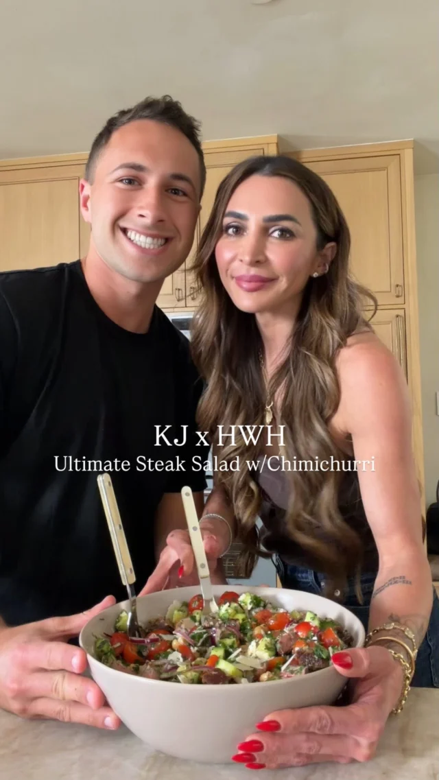 @kalejunkie x @healthwithhunter the ULTIMATE STEAK CHIMICHURRI SALAD is here from your favorite duo! 😊 This is a delicious, protein and fiber packed salad that will keep you full and satisfied for hours. It’s also fab to meal prep bc there’s no lettuce, so it doesn’t get soggy and the flavors soak in even more as the days go by. ⁣
⁣
SAVE this post, SHARE with friends, and FOLLOW me @kalejunkie for more easy recipes and @healthwithhunter for healthy food swaps and tips!⁣
⁣
Chimichurri:⁣
1/3 cup olive oil⁣
1/4 cup cilantro, chopped⁣
1/4 cup parsley, chopped⁣
3 cloves garlic, minced⁣
1 lemon, juiced ⁣
1 tsp oregano ⁣
1/2 tsp red pepper flakes⁣
1/2 tsp salt⁣
1/4 tsp black pepper⁣
⁣
Salad:⁣
1 1/2 lbs steak of choice, cooked as desired (we used ribeye)⁣
6 persian cucumbers, chopped⁣
2 cups cherry tomatoes, halved⁣
1 15 oz can garbanzo beans, drained & rinsed⁣
1/2 red onion sliced thinly ⁣
1/2 cup freshly sliced parmesan cheese⁣
⁣
First, prepared that chimichurri. Mix together all of the ingredients for the chimichurri in a small bowl. Taste and adjust as needed. Season the steak on both sides generously with salt and pepper. Heat a cast-iron skillet over medium high heat. Once the pan is extremely hot, add the steak. Do not touch for three minutes, then flip to the other side for another three more minutes. Remove from the heat and let rest for 10 minutes before cutting the steak into cubes. Last, assemble your salad. In a large bowl, add the cucumbers, tomatoes, garbanzo beans, red onion, and parmesan cheese. Pour the chimichurri on top and toss to coat well. Add the cooked steak and toss again. Plate your salad and enjoy!
