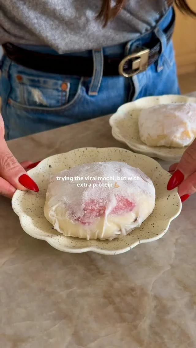 @kalejunkie VIRAL FRUIT MOCHI, but with more protein bc we are in our protein era, aren’t we?! 💅🏻 I love trying viral trends when I see them—my curiosity is always piqued and this one does not disappoint and I recommend trying it for sure!

SAVE this post, SHARE with friends, and FOLLOW me @kalejunkie for more fun ideas to try!

You need:
2 rice paper sheets
1 cup greek yogurt (I used @stonyfield fat free greek yogurt)
1 tsp maple syrup 
1 scoop vanilla protein powder (optional)
Strawberries and mango, chopped 
To coat: tapioca flour or corn starch

To make: do what I do in the video 😏 In a bowl, mix together the yogurt, maple syrup and protein powder until smooth. Next, dip a rice paper sheet in warm water and as soon as it begins to soften, move it to a small bowl. Fill with your fruit, and a heaping scoop of the yogurt. Wrap it up then coat lightly in the tapioca flour/corn starch. Freeze for 40 minutes and enjoy! #viralfoodtrends #mochi #viralmochi