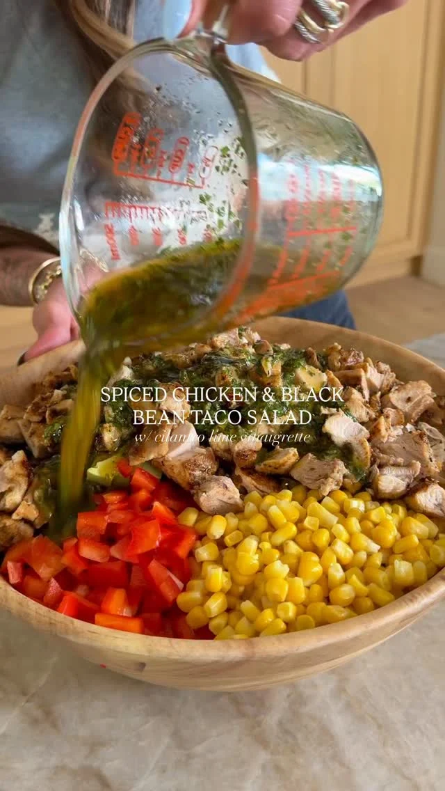 Hi!! It’s me @kalejunkie! 🙋🏻‍♀️ This is the Spiced Chicken & Black Bean Taco Salad with Cilantro Lime Vinaigrette from my good friend @erinnobrienn’s new cookbook, Dig In! We were supposed to film it together in SF last week, but she had to go to NYC for GMA 🎉, and well, I made it anyway. One, I knew I’d be obsessed and two, that’s just what friends do! Now you can make it too and be sure to grab your copy of Dig In anywhere books are sold!⁣
⁣
FOR THE CILANTRO LIME VINAIGRETTE⁣
1⁄2 cup finely chopped cilantro⁣
1/3 cup lime juice (about 3 to 4 limes)⁣
2 garlic cloves, grated⁣
2 tsp honey⁣
2 tsp Tajín ⁣
1⁄2 tsp kosher salt⁣
1⁄2 tsp freshly ground black pepper⁣
3⁄4 cup extra-virgin olive oil⁣
⁣
FOR THE SALAD⁣
1 (15-oz) can black beans, drained and rinsed⁣
1 cup corn kernels⁣
1 bell pepper, seeded and diced⁣
1⁄2 small red onion, thinly sliced⁣
⁣
FOR THE SPICED CHICKEN⁣
1 1⁄2 tsp kosher salt⁣
1 tsp garlic powder⁣
1 tsp dried oregano⁣
1 tsp smoked paprika⁣
1⁄2 tsp black pepper⁣
1⁄2 tsp ground cumin⁣
1 1⁄2 lbs boneless, skinless chicken thighs⁣
2 tb avocado oil⁣
⁣
FOR ASSEMBLY⁣
8 cups chopped romaine lettuce ⁣
1 cup crushed tortilla chips⁣
1⁄2 cup crumbled cotija cheese⁣
1⁄2 cup salted roasted pepitas⁣
1 avocado, diced⁣
⁣
1. MAKE THE DRESSING: In a large bowl, whisk the cilantro, lime juice, garlic, agave, Tajín, salt, pepper and olive oil until well combined.⁣
2. MAKE THE SALAD: To the vinaigrette, add the black beans, corn, bell pepper, and red onion and mix well. Set aside.⁣
3. MAKE THE CHICKEN: In a small bowl, mix the salt, garlic powder, oregano, smoked paprika, black pepper, and cumin. Pat chicken thighs dry and place on a large plate. Press the spice mixture onto both sides.⁣
4. Heat oil in a large skillet over medium-high heat. Add the chicken and cook, undisturbed, until golden brown, 5 to 7 min. Flip and cook until the chicken reaches an internal temp of 165°F, 6 to 8 min. Transfer chicken to a plate and let rest for 10 minutes. Cut chicken into cubes.⁣
5. TO ASSEMBLE: In the bowl with the vinaigrette and vegetable mixture, add the ro