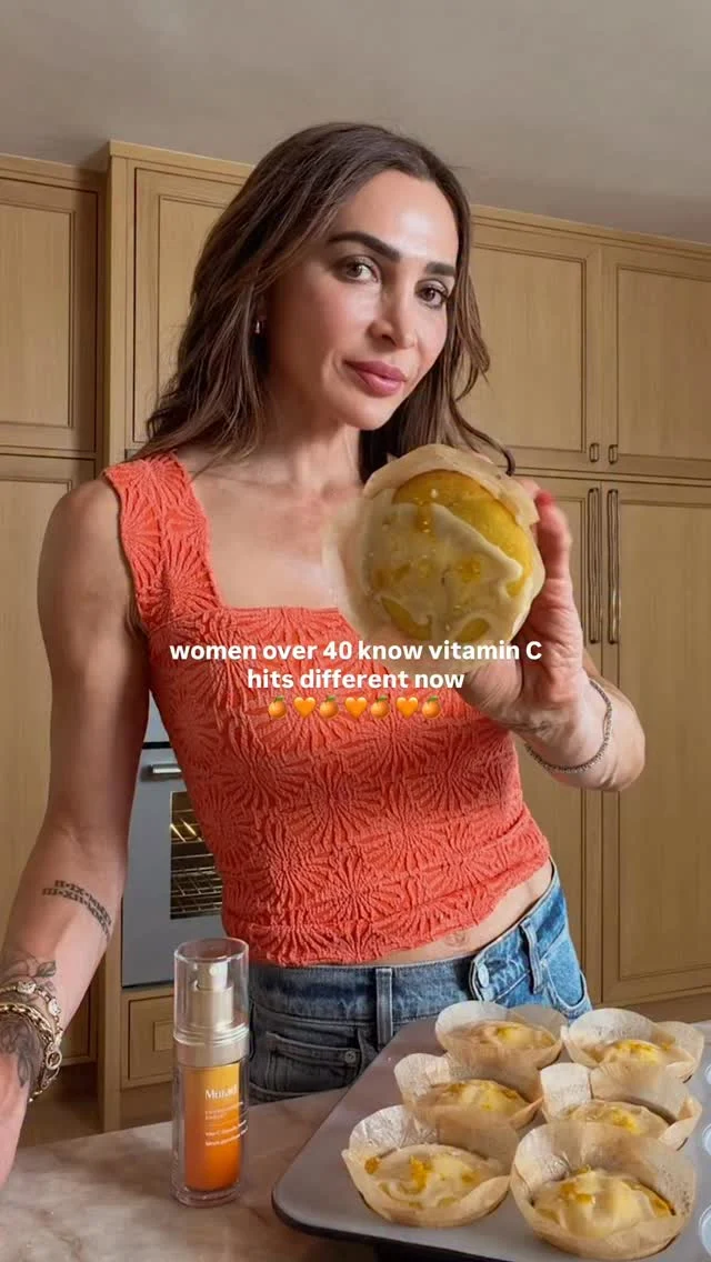 @kalejunkie BLENDER ORANGE OLIVE OIL MUFFINS 🍊. These orange olive oil muffins are packed with vitamin C, which feels fitting, because somewhere in my 40s, I started realizing my skin needed a little extra support too thanks to perimenopause. One of the first changes I noticed as I got older was dullness. My skin just started looking more tired, uneven, and less radiant than it used to, even when I was eating well, drinking water, doing all the “right” things, etc. And honestly? It caught me off guard a little. I don’t think we talk enough about how hormonal changes can affect your skin and confidence. Lately I’ve been using the new @muradskincare Vita-C Glycolic Serum and it has become one of those products I genuinely look forward to using morning and night. It’s powered by gold-stabilized vitamin C plus glycolic acid to help brighten skin, improve uneven tone and texture, and restore radiance during all stages of hormonal changes. After a few weeks, my skin has looked brighter, smoother, and more hydrated overall, which has made a difference in how I feel showing up makeup-free on camera these days. Anyway…here’s your sign to make the muffins AND take care of yourself too 🤍 #muradpartner

Blender Olive Oil Muffins
Makes 9 muffins
1 large naval orange, quartered, seeds removed
4 eggs
1/3 cup olive oil
3 tsp vanilla extract 
1/2 cup fat free greek yogurt
1 cup granulated monk fruit (or cane sugar)
1 3/4 cups gluten free 1:1 flour
1 tsp baking soda
1/2 tsp sea salt
Optional glaze: 1 cup powdered monkfruit (or powdered sugar) + 2 tb orange juice, whisked until smooth

Preheat oven to 350F. In a blender, add the orange, eggs, olive oil, vanilla, yogurt, and monk fruit. Blend until smooth. Add in the flour and baking soda. Gently pulse until incorporated, do not over mix. Add 9 liners to a muffin tray and spray with non stick spray. Divide batter among muffin cups. Bake 26-27 minutes or until a toothpick comes out clean. Let cool. If making the glaze, drizzle desired amount on top and enjoy!