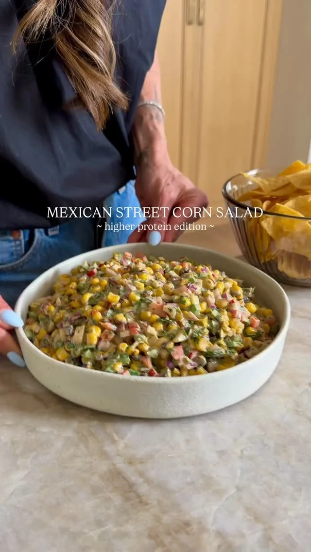 @kalejunkie 🌽 my take on MEXICAN STREET CORN SALAD, made higher protein, to eat with all your meals or as a snack with your favorite tortilla chips! The possibilities are endless. I am obsessed with this smoky dressing and you don’t need to turn on your grill to make that corn—use frozen corn! It’s cheaper too!⁣
⁣
Makes 4 to 6 servings⁣
3 cups frozen corn (I used fire roasted frozen corn from @wholefoods)⁣
1 red bell pepper, finely diced⁣
1/2 red onion, finely diced⁣
1 jalapeno, seeds removed, finely diced⁣
1/3 cup cilantro, finely chopped⁣
1/4 cup cotija cheese + more for topping⁣
⁣
Smoky Street Corn Dressing⁣
1 cup fat free greek yogurt ⁣
1/2 cup cottage cheese (@good_culture)⁣
1 lime, juiced⁣
2 cloves garlic⁣
1 tsp onion powder ⁣
1/2 tsp chili powder⁣
1/2 tsp smoked paprika⁣
1/2 tsp black pepper⁣
1/2 tsp salt⁣
Water to thin, if needed⁣
⁣
Chop and prep all of your ingredients for the salad and add them to a large bowl. Next, make your dressing. Add all of the dressing ingredients to a small blender and blend until smooth. Taste and adjust seasonings as desired. Pour the dressing on top of the salad and toss well. Garnish with desired amount of Cotija cheese. Store in a covered container in the refrigerator for up to five days.