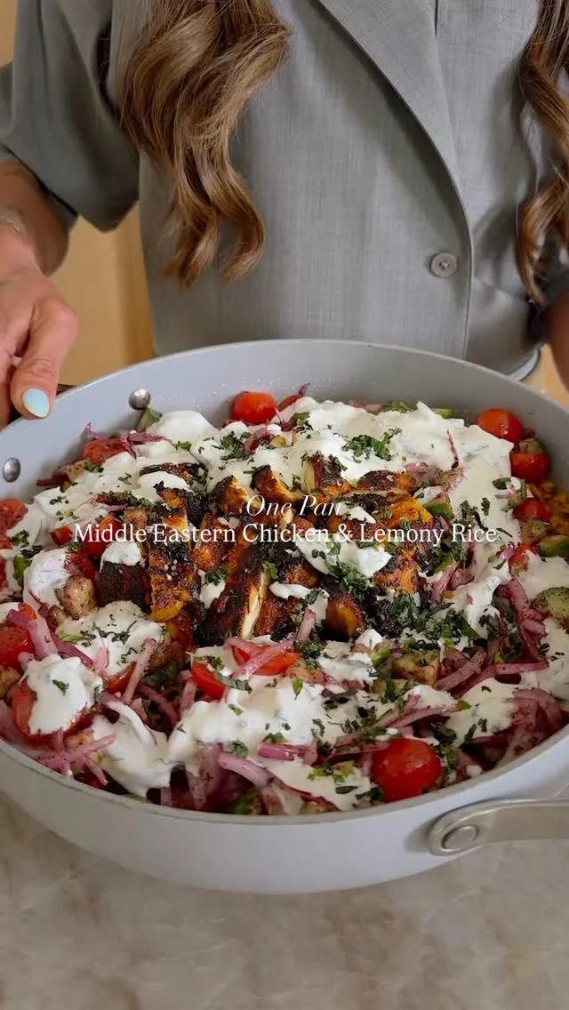 @kalejunkie ONE PAN MIDDLE EASTERN CHICKEN & LEMONY RICE—yes. You need this in your life, immediately! This show-stopping dinner is made in one pan and has big, bold flavors that everyone will love. And I bet you can get it on the table in T-30 🤌🏼!⁣
⁣
SAVE this post, SHARE with friends, and FOLLOW me @kalejunkie for more easy, delicious meals like this!⁣
⁣
Comment LINK for everything I used in this video!⁣
⁣
Makes 4 to 6 servings ⁣
CHICKEN—⁣
1 1/2 lbs boneless, skinless chicken thighs⁣
2 tb olive oil⁣
5 cloves garlic, mashed⁣
1 tsp coriander⁣
2 tsp turmeric⁣
1 tsp cumin⁣
2 tsp smoked paprika⁣
1/2 tsp allspice⁣
1 tsp kosher salt & 1 tsp ground black pepper ⁣
1/2 cup plain greek yogurt ⁣
⁣
LEMON RICE⁣
1 1/2 cups basmati rice, rinsed well⁣
2 tsp olive oil⁣
1 small onion, finely diced⁣
2 1/2 cups chicken broth⁣
2 lemons, juiced
2 tsp turmeric, 1 tsp garlic powder, 1 tsp paprika⁣
⁣
SALAD⁣
2 persian cucumbers, sliced⁣
1/2 red onion, thinly sliced⁣
1 cup baby tomatoes, halved⁣
2 tsp sumac⁣
2 tsp red wine vinegar ⁣
1 tb olive oil ⁣
1/2 tsp kosher salt⁣
⁣
1 cup tzatziki (store bought or homemade—my recipe is on my website)⁣
⁣
In a bowl, add the chicken. Toss with the olive oil, spices, and yogurt. Mix well and set aside. Next, heat a large pan over medium-high heat and add a drizzle of olive oil. Once hot, add the chicken. You may need to work in batches. Cook for 7 to 8 mins per side until cooked through. Remove from the pan and set aside. Reduce the heat to medium-low. Add the oil to the same pan and add the onions. Cook, stirring often, until translucent, then add in the garlic & spices, stirring for 1 to 2 minutes more. Add the rice, broth and lemon juice. Bring to a gentle boil then cover and reduce heat to low. Simmer for 20 minutes, then remove cover and fluff the rice. Mix the salad ingredients in one bowl. Cut the chicken then add it on top of the rice along with the salad and tzatziki (if using). Serve and enjoy!⁣
⁣