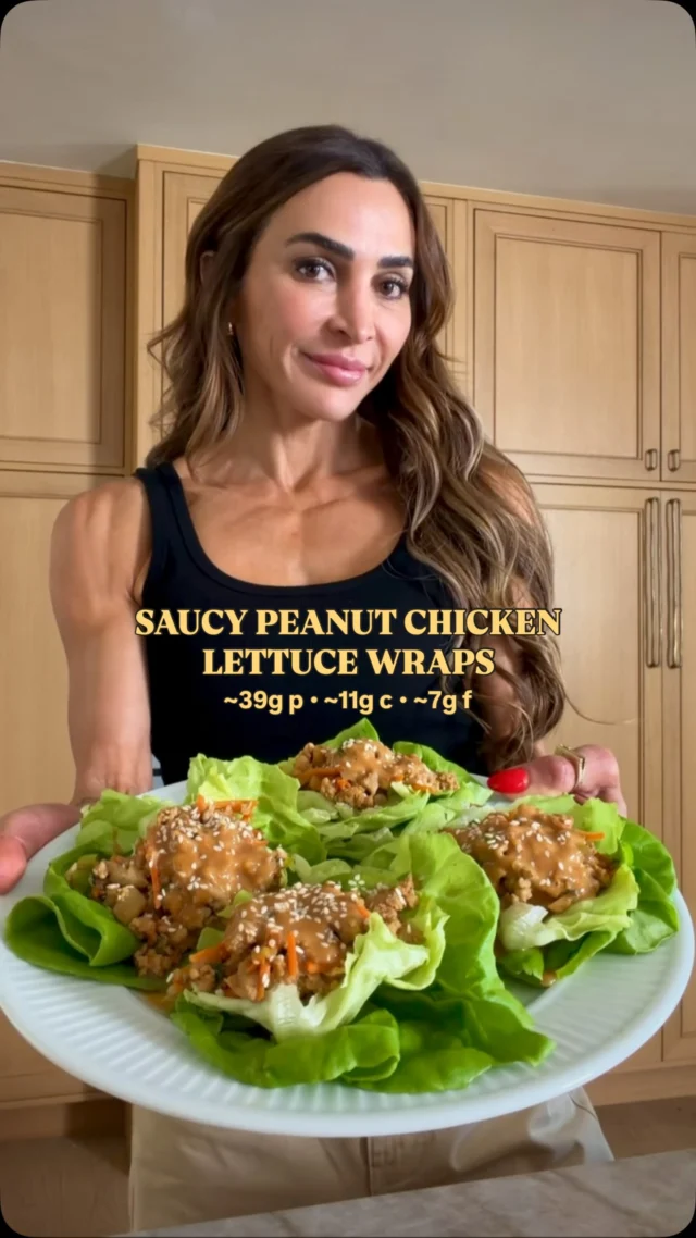 @kalejunkie SAUCY PEANUT CHICKEN LETTUCE WRAPS! Macros: ~39g p • ~11g c • ~7g f 🙌🏼 These peanut chicken lettuce wraps check every box—high in protein, low in fat, and nutritious enough to eat every day and keep in your daily rotation. The saucy chicken mixture great served in lettuce wraps or if you are avoiding lettuce like the plague then just stuff the mixture in a wrap or serve it over rice and call it a day 😮‍💨.⁣
⁣
FOLLOW me @kalejunkie for more easy, delicious protein-forward recipes!😊⁣
⁣
Makes 6 servings ⁣
Avocado oil spray⁣
2 lbs ground chicken (98/2 to keep this lean 💪🏼)⁣
1 small white onion, diced⁣
4 cloves garlic, minced⁣
1 tb fresh ginger, minced ⁣
1 1/2 cups carrots, shredded⁣
1 8oz can water chestnuts, drained and diced⁣
6 green onions, finely sliced ⁣
Butter lettuce leaves, for serving⁣
Sesame seeds for garnish⁣
⁣
Sauce for chicken ⁣
1/2 cup low sodium soy sauce⁣
3 tb rice vinegar⁣
2 tb hoisin sauce⁣
1 tb maple syrup ⁣
2 tb creamy peanut butter⁣
2 tsp corn starch ⁣(or arrowroot or tapioca flour)
2 tb water⁣
⁣
Peanut sauce topping (optional)⁣
1/3 cup creamy peanut butter⁣
2 tb rice vinegar⁣
2 tsp maple syrup ⁣
3 tb low sodium soy sauce⁣
1 tb sriracha⁣
3 tb water, to thin⁣
⁣
First, make the sauce for the chicken. Add all of the sauce ingredients to a bowl and whisk until smooth. Heat a large non-stick skillet over medium-high heat and spray the pan with avocado oil spray. Once hot, add the onion, garlic and ginger. Sauté for 4 minutes or so, until the onions begin to soften. Add the ground chicken, breaking it down into tiny pieces. Once the chicken is mostly cooked through, add the carrots, water chestnuts and green onions, stirring for 2 more minutes, then pour in the sauce. Stir to coat well. Once the chicken is cooked through, remove the pan from the heat and set aside. Finally, make the peanut sauce topping. Add the sauce to a small bowl and whisk until smooth. Last, assemble the lettuce cups. Add butter lettuce leaves to a plate (double up so they are sturdy), then fill with some of the chicken mixture and add peanut sauce on top. Garnish with sesame seeds and enjoy. #proteinreci