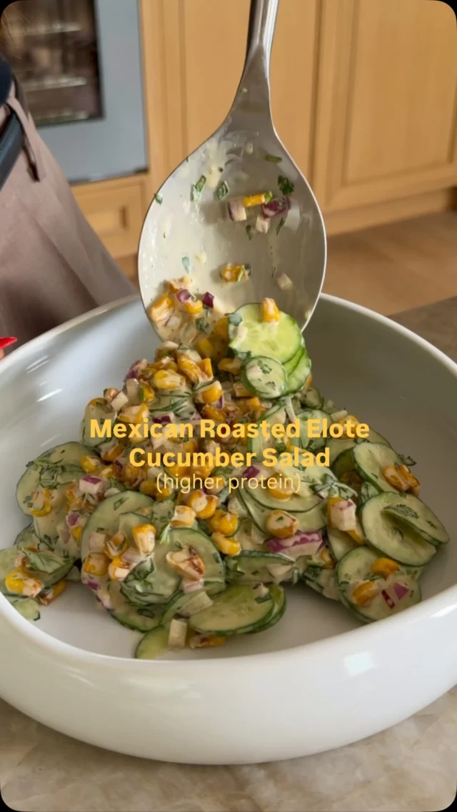 @kalejunkie 🥒 Mexican Inspired Roasted Elote Cucumber Salad—I am literally dreaming of this cucumber salad and if you want something refreshing and delicious, drop everything and make this. I’m using the Elote seasoning from Trader Joe’s but if you don’t have it, I’ve given you the substitution below! Macros: 15g P• 20g C • 5g F

Be sure to FOLLOW me @kalejunkie for more easy, delicious, protein-forward recipes like this!

Makes 4 servings
Dressing:
1 cup cottage cheese (low fat @good_culture)
3 tb grated cotija cheese
1 lime, juiced
2 tsp Trader Joe’s Elote seasoning (or 1/2 tsp chili powder, 1/2 tsp cumin, 1/2 tsp smoked paprika, 1/2 tsp chipotle)
2 cloves garlic

Salad:
4 persian cucumber, thinly sliced
1/3 cup cilantro, chopped
1/2 red onion, finely diced
1 1/2 cups frozen corn, thawed
1 tb Trader Joe’s Elote seasoning (or 1
tsp chili powder, 1 tsp cumin, 1 tsp smoked paprika, 1 tsp chipotle)

First, make the roasted corn. Spray a non-stick skillet with avocado oil or spray of choice over medium heat. When the pan is hot, add the corn and elote seasoning. Stir, cooking for 6-7 minutes until roasted and fragrant. Remove from heat. Next, chop the rest of the salad ingredients and add them to a large bowl along with the roasted corn. Finally, make the dressing. Add all ingredients to a small blender and blend until smooth. Taste and adjust seasonings as needed. Pour over the salad, toss well, and enjoy. 

#elotesalad #cucumbersalad #mexicanelotesalad #viralrecipes #highproteinrecipes