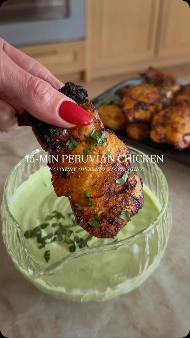 @kalejunkie 15-Min Peruvian Chicken W/Creamy Avocado Green Sauce, made in the air fryer! And yes, I included oven instructions too! Trust me, this meal is one you will crave time and time again. The chicken is perfectly seasoned and so juicy, and the star of the show is the tangy, protein packed sauce! You can pour the sauce over the chicken or use it as a dipping sauce. I can’t wait for you to try this one!

Comment LINK for my air fryer rec and be sure to FOLLOW ME @kalejunkie so you don’t miss new recipe drops!

For the chicken:
2 lbs boneless, skinless chicken thighs 
3 cloves garlic, minced
1 lime, juiced
2 tablespoons paprika
1 1/2 tsp cumin
1 1/2 tsp kosher salt
1 tsp ground black pepper
3 tablespoons extra virgin olive oil

Creamy Avocado Green Sauce:
1 1/4 cups non fat plain greek yogurt 
1 avocado
2 limes, juiced
1/2 cup fresh cilantro (handful!)
1 jalapeno, roughly chopped and seeds removed
1/2 tsp kosher salt
1/2 tsp ground black pepper

First, make the sauce. Add all of the ingredients to a food processor or small blender and pulse/blend until smooth. Taste and adjust seasonings as needed and set aside. Next, make the chicken. 
In a large bowl, add the chicken thighs and remaining ingredients. Toss until the chicken is well-coated in the seasonings. For the air fryer: line up the chicken in the air fryer basket/tray and air fry at 400F for 10-12 minutes. For the oven method: line up the chicken on a parchment lined baking sheet. Bake at 375F for 15-16 minutes, then broil on high for 1-2 minutes at the end. Serve the chicken with the green sauce and enjoy.