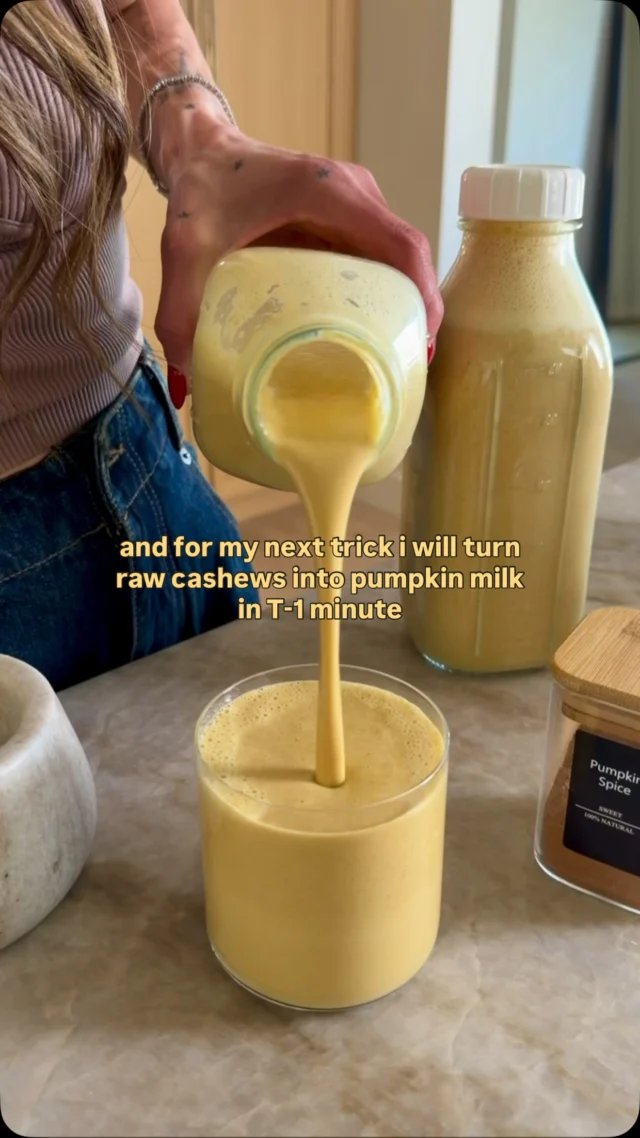 @kalejunkie 1-MINUTE PUMPKIN CASHEW MILK that tastes better than store-bought, trust me. I love making cashew milk at home because it does not require any soaking or straining and comes out perfect every time!⁣
⁣
Comment LINK for these glass milk bottles and everything used in this video!⁣
⁣
Makes 6 servings⁣
3/4 cup pumpkin puree⁣
1 1/2 cups raw cashews⁣
1/4 cup maple syrup⁣
2 tsp vanilla extract⁣
1 tb pumpkin spice⁣
Pinch sea salt⁣
6 cups cold water⁣
⁣
Add all ingredients to a high-speed blender and blend for 30-seconds until completely smooth. Depending on your blender, you might need an additional 30 seconds. Transfer to a jar, cover and store in the refrigerator for up to 5 days. Enjoy!
