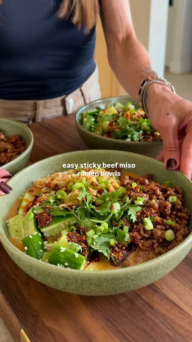 recipe in caption below for my STICKY BEEF MISO RAMEN BOWLS, made in T-30 minutes from start to finish, using my @ThermadorHome stove top. There’s minimal chopping in this recipe (yay!), so your stove top does all the work. As you know, all of my appliances are Thermador—purchasing Thermador was a big decision I made when remodeling my kitchen and I am happy with my choice. Their appliances are the key to getting food properly cooked every time and the quality is unparalleled 🙌🏼. So pretty too #Thermador #ThermadorStar #NoOneElse⁣
⁣
Makes 4 servings⁣
STICKY BEEF⁣
1/2 cup chicken broth⁣
2 tsp arrowroot or cornstarch⁣
3 tb dark soy sauce (or low sodium soy sauce)⁣
1 tb maple syrup⁣
1 tb sesame oil⁣
1/4 tsp ground black or white pepper⁣
1 tb avocado oil⁣
1 lb lean ground beef 93/7⁣
1 tb ginger, minced⁣
1 tb garlic, minced⁣
⁣
BROTH⁣
1 tb red curry paste⁣
1 tb white miso⁣
1 tb cashew butter (or peanut butter)⁣
2 tb dark soy sauce (or low sodium soy)⁣
1 tb maple syrup ⁣
2 1/2 cups chicken broth⁣
1 14-oz can full fat coconut milk⁣
1 tsp kosher salt⁣
6 oz uncooked ramen noodles⁣
⁣
Garnishes: chopped cucumbers, sesame seeds, cilantro, chili crisp oil⁣
⁣
First make the sauce. In a bowl, whisk together the broth and arrowroot/cornstarch. Once smooth, add remaining ingredients (soy sauce, maple syrup, sesame oil and pepper) and set aside. Next, heat the oil in a large skillet over high heat. Once hot, add the beef and leave it undisturbed for 3-4 min so it can get brown and crispy. Then mash the beef into small pieces and continue cooking, stirring only occasionally, until browned all over. Reduce heat to medium, and add the ginger and garlic, stirring 1 min. Pour in the sauce, stirring 1 min more until the beef is sticky and coated well. Transfer the meat to a plate. ⁣
⁣
In the same pan, add the curry, miso, cashew butter, soy sauce, and maple syrup. Stir into a thick paste. Add the broth, coconut milk, and salt, whisking again. Finally, add the ramen. Simmer for 5-10 min until the ramen is cooked. Remove from heat and serve. In bowls, divide the noodles. Then add a big scoop of beef, followed by the br