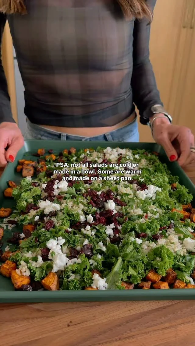 @kalejunkie Sheet Pan Roasted Sweet Potato Kale Salad with lemon tahini dressing! This is the ultimate fall salad—hearty, nutritious, and fibermaxxing to the max ;) The recipe is most definitely a meal on its own or a fantastic side dish, and wonderful for meal prep too because kale doesn’t get soggy like lettuce does!⁣
⁣
Comment LINK for everything I’m using in this video!⁣
⁣
Makes 4 servings ⁣
3 sweet potatoes, cubed (~4 cups)⁣
1 bunch curly kale, stems removed, finely chopped ⁣
2 cups cooked brown rice (I use defrosted frozen rice to save time)⁣
1/2 cup italian parsley, chopped⁣
1/2 cups dried cranberries ⁣
1/2 cup feta cheese, crumbled ⁣
2 tb avocado oil⁣
2 tsp garlic powder⁣
1 tsp onion powder⁣
1 tsp cumin⁣
1 tsp paprika ⁣
1 tsp kosher salt⁣
1 tsp ground black pepper⁣
⁣
Lemon tahini dressing⁣
1/4 cup tahini⁣
1/4 cup lemon juice (~2 lemons)⁣
3 cloves garlic ⁣
2 tsp maple syrup ⁣
1/2 tsp kosher salt and pepper⁣
Water to thin as needed⁣
⁣
Preheat oven to 425F. Add cubed sweet potatoes to a large bowl. Toss with the avocado oil, garlic powder, onion powder, cumin, paprika, salt and pepper. Spread onto a large baking sheet in a single layer and bake for 35 minutes, flipping at the halfway point, until crispy and golden. While the potatoes are in the oven, make the dressing. In a small blender, add the tahini, lemon juice, maple syrup, garlic, s&p. Blend until smooth. If it’s thick, add the water to thin. Set aside. Once the potatoes come out of the oven, add the kale, cooked brown rice, parsley, cranberries, and feta. Pour dressing on top and toss to coat well. Serve and enjoy! #kalesalad #sheetpanrecipes #sheetpanmeals #fibermaxxing