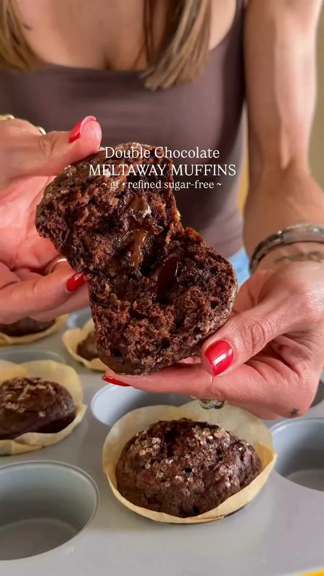 @kalejunkie Double Chocolate Meltaway Muffins 🍫 Fall baking season is officially here, and these might be my favorite chocolate muffins yet. They’re rich, soft, and unbelievably moist thanks to a little pumpkin puree. But the best part? The squares of @hukitchen Salty Dark Chocolate tucked inside that turn into a melty chocolate center when warm. Hu Kitchen is always my go-to chocolate—it’s organic, Fairtrade, and made with simple ingredients. Get yours at Whole Foods, Kroger, and Sprouts! #HuPartner⁣
⁣
Servings: 12 regular muffins or 6 jumbo muffins⁣
2 very ripe bananas (approximately 1 cup mashed)⁣
1/2 cup pumpkin puree⁣
1/2 cup unsalted butter, melted and cooled⁣
1/2 cup pure maple syrup⁣
1 large egg⁣
2 teaspoons vanilla extract⁣
1 1/4 cups gluten-free all purpose flour (or regular AP flour)
1/4 cup unsweetened natural cocoa powder⁣
1 1/2 teaspoons baking soda⁣
1/2 teaspoon kosher salt⁣
2 @hukitchen Salty chocolate bars, broken into squares⁣
⁣
Instructions: Preheat the oven to 375°F. Line a standard or jumbo muffin tin with muffin liners, or grease well. In a large bowl, mash the ripe bananas until smooth. Add the pumpkin puree and melted, cooled butter. Whisk until combined. Add the maple syrup, egg, and vanilla extract. Whisk until smooth. Add the flour, cocoa powder, baking soda, and salt. Using a spatula, gently fold the dry ingredients into the wet ingredients until just combined. Do not over mix. Spoon a small scoop of batter into each muffin cavity, filling it approximately halfway. Place 2 squares of dark chocolate in the center of each muffin. Divide the remaining batter among the muffin cavities, making sure the chocolate is completely covered. The muffin cups should be approximately 3/4 full. Bake for approximately 18–22 minutes for regular muffins or 22–25 minutes for jumbo muffins, until the tops are set and a toothpick inserted into the cake portion comes out clean or with a few moist crumbs. Avoid inserting the toothpick into the chocolate center. Allow the muffins to cool in the pan for 5–10 minutes before transferring to a wire rack. Finish with flaky sea salt, if desired. Serve warm for the softest