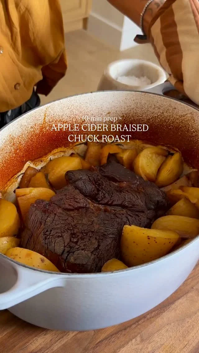 @kalejunkie NEW! 🍎 Apple Cider Braised Chuck Roast with Roasted Potatoes, the latest and greatest in my viral chuck roast collection! This takes less than 10 minutes of prep time and your oven does the rest. The result is so much tender, juicy meat (and tender potatoes!) to enjoy all week long in so many different ways! It’s the perfect cozy dinner with all the fall vibes and flavors. 

Be sure to SAVE this post, SHARE with friends, and FOLLOW me @kalejunkie for more easy, protein forward recipes!

Makes 12 servings 
3 ½-4 lbs chuck roast
1 cup apple cider (not apple juice)
1/2 cup low sodium soy sauce
2 tb maple syrup 
2 tb Worcestershire sauce
1 tb dijon mustard 
1 tsp ground black pepper
6 cloves garlic
3-4 sprigs fresh rosemary
2 pounds yukon gold potatoes, halved or quartered 

Preheat oven to 325F, then make the marinade. In a medium bowl, whisk together all of the ingredients. Pat dry the chuck roast and season both sides generously with salt and pepper. Place  it in a dutch oven. Pour the marinade on top and flip the meat a few times to coat it well. Cover and place in the oven for 4ish hours (exact timing depends on the thickness of your chuck roast, trust the process 😏!). Pull it out at the 3 1/2 hour mark and carefully nestle the potatoes around the chuck roast, submerging in the liquid. Cover and return to the oven for 30 minutes more. Remove from the oven and carefully remove the lid. Let the steam go and remove the rosemary sprigs. Shred the meat using two forks. It should pull apart easily and the potatoes should be fork tender. Now, if you want to brown the meat and potato edges for crispier bits, place the pot back in the oven under the broiler (uncovered) on high for 3-4 minutes. Spoon the rich apple cider cooking juices over everything and serve!! #chuckroast #appleciderchuckroast
