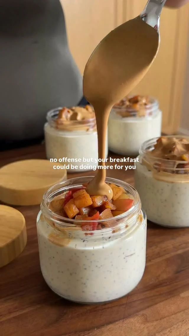@kalejunkie APPLE PIE CHIA PUDDING with 41g protein and 16g fiber per serving 😏!! You’ve been asking for more high protein, high fiber breakfasts, and I’VE GOT YOU 🙆🏻‍♀️! My trick is to front-load my day with protein, because if I don’t get enough in early, I’m scrambling to hit my goal by dinner (usually by stuffing my face with ground chicken). And this makes it EASY. Creamy vanilla chia pudding, cinnamon maple apples, and a peanut butter drizzle. It tastes like dessert, but it’s breakfast waiting for you in the fridge! Make a batch for 4 grab-and-go breakfasts that you’ll actually look forward to eating.⁣
⁣
Estimated macros per serving with the PB drizzle: 41g protein • 38g carbs • 11g fat • 16g fiber.⁣
⁣
Comment LINK and I’ll send you these perfectly portioned jars to make meal prep easy! ⁣
⁣
Makes 4 servings⁣
2 cups plain greek yogurt (I use 0% Fage Greek)⁣
1 1/4 cups vanilla protein powder⁣
1 1/2 cups unsweetened almond milk ⁣
1/2 cup chia seeds⁣
2 tsp maple syrup⁣
1 tb vanilla extract ⁣
⁣
Apple topping⁣
1 large Honeycrisp apple, finely diced⁣
2 tsp maple syrup ⁣
1/2 tsp cinnamon ⁣
⁣
Peanut butter drizzle (optional)⁣
1/2 cup powdered peanut butter⁣
1/4 cups water⁣
⁣
Add the Greek yogurt, protein powder, almond milk, chia seeds, maple syrup, vanilla extract to a large bowl. Whisk until smooth and well combined. Let sit for 5–10 minutes, then stir again to break up any clumps. Set aside. Next, lightly coat a nonstick skillet with cooking spray and heat over medium heat. Add the diced apple, cinnamon, and maple syrup. Sauté for 5–8 minutes, stirring occasionally, until the apple is tender. Add a splash of water if the pan gets dry. Let cool.  For the optional drizzle, mix the powdered peanut butter and water until smooth. Add more water, a teaspoon at a time, until it reaches a drizzle consistency. Finally, divide the chia pudding among 4 jars or bowls. Top with the sautéed apples and peanut butter drizzle, if using. Cover and refrigerate for up to one week. Enjoy! #highproteinbreakfast #highfiber #fibermaxxing