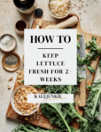 Different salad ingredients, including a head of kale, laid out on a cutting board. Blocks with the text "How to keep lettuce fresh for 2+ weeks" is on top of the image