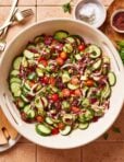 A big bowl of the copycat Erewhon cucumber avocado salad, sitting in a bowl on a countertop